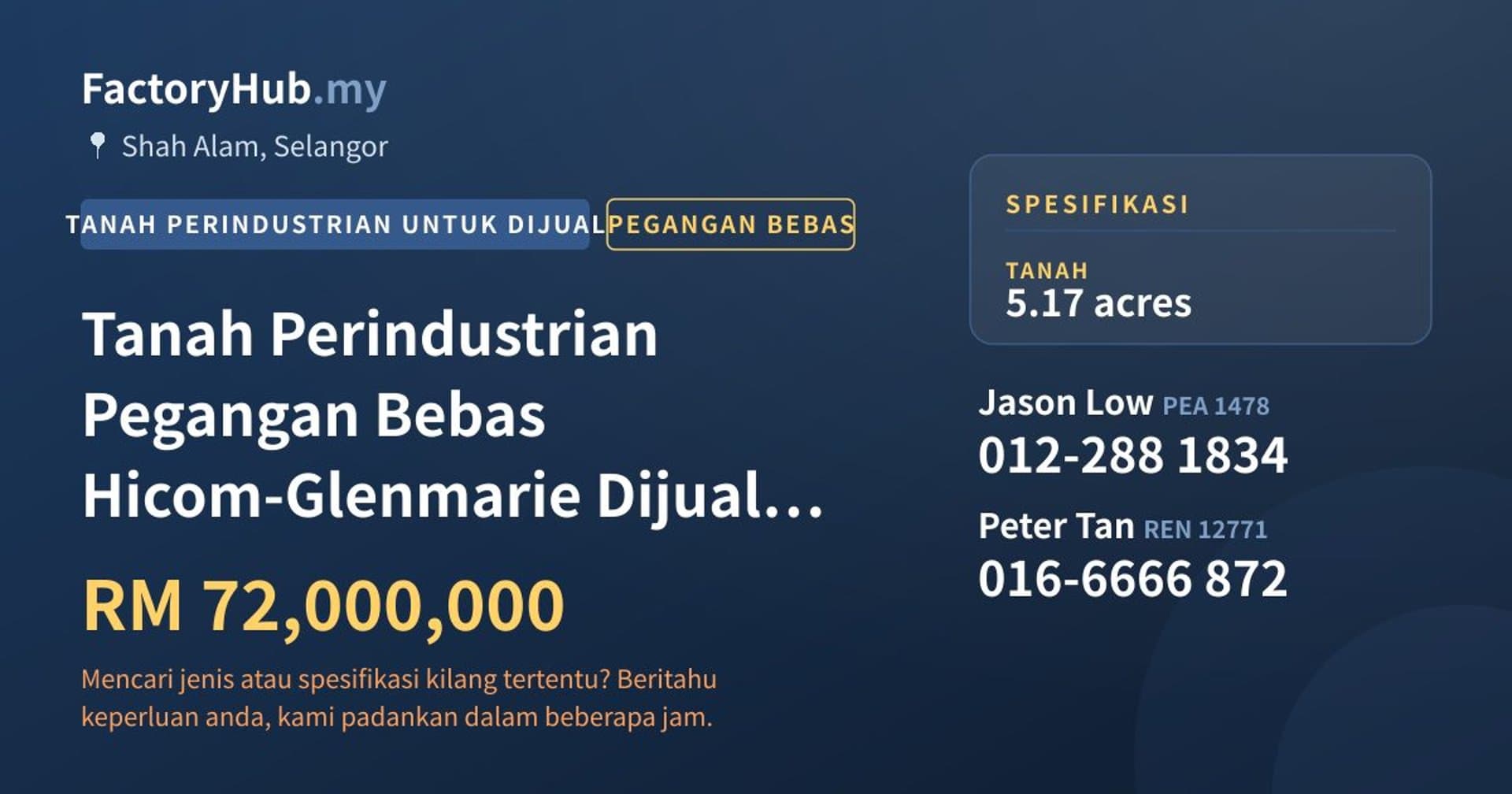 Tanah Perindustrian Pegangan Bebas Hicom-Glenmarie Dijual – RM72J · Imej hartanah 1/2