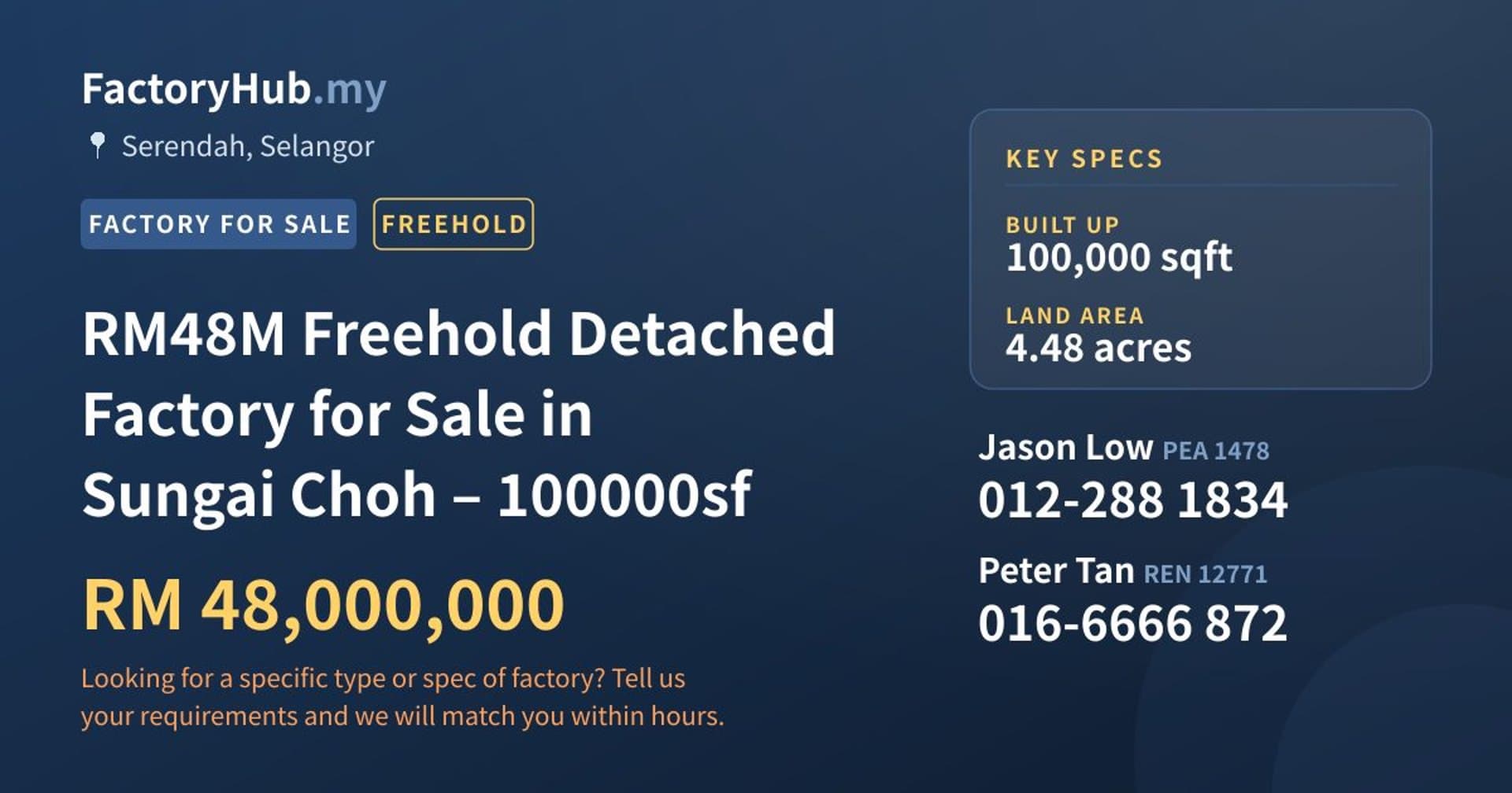 RM48M Freehold Detached Factory for Sale in Sungai Choh – 100000sf - Property image 1 of 2