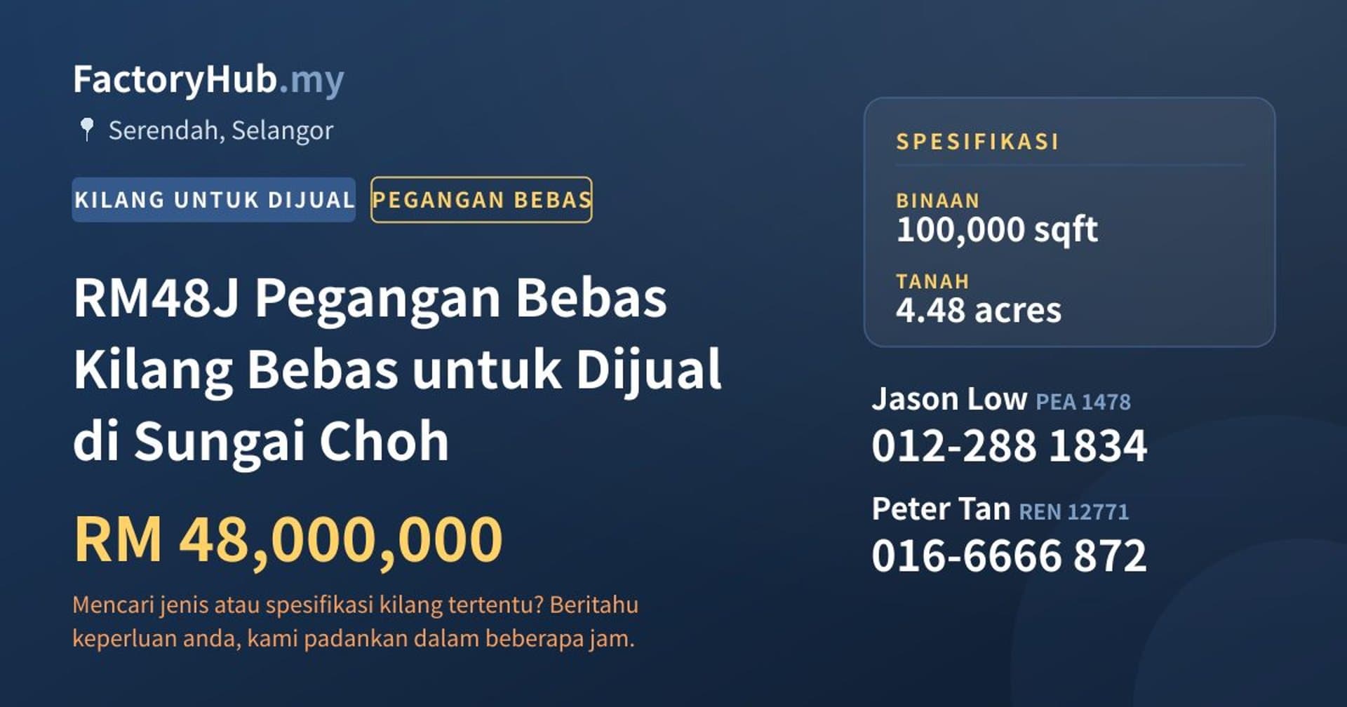 RM48J Pegangan Bebas Kilang Bebas untuk Dijual di Sungai Choh · Imej hartanah 1/2