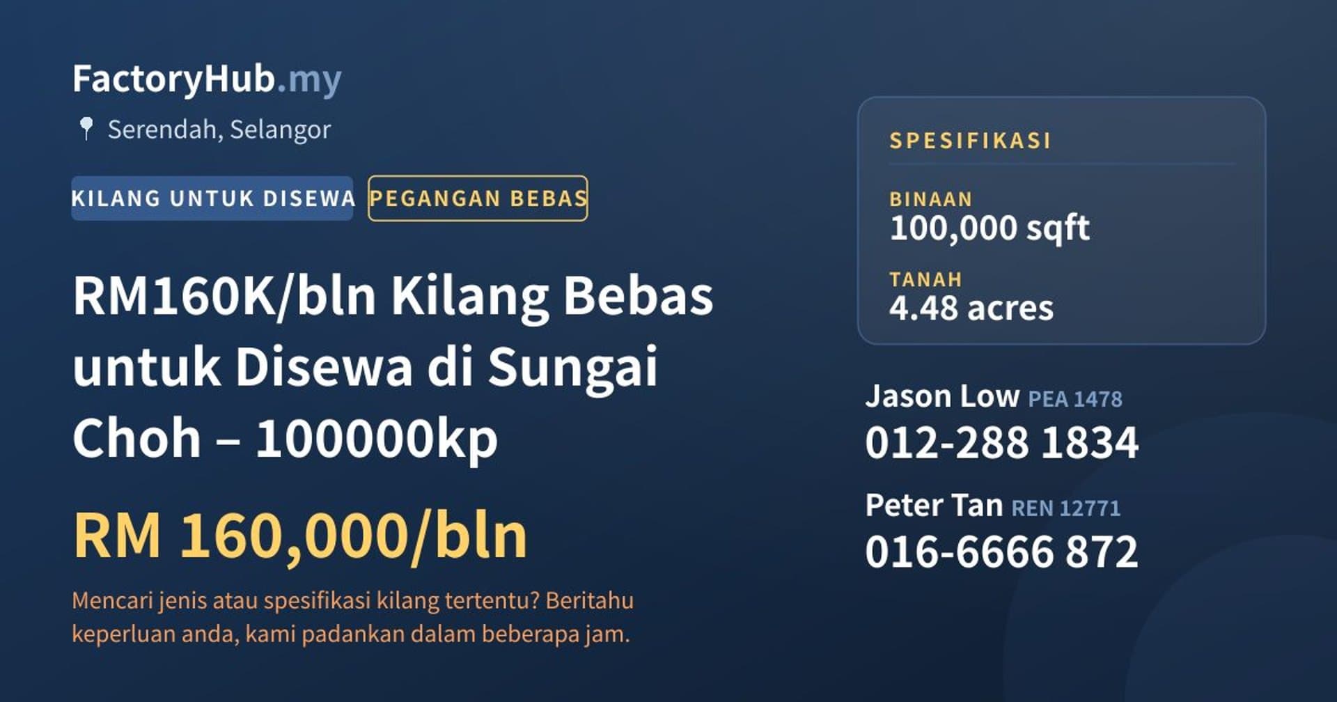RM160K/bln Kilang Bebas untuk Disewa di Sungai Choh – 100000kp · Imej hartanah 1/2