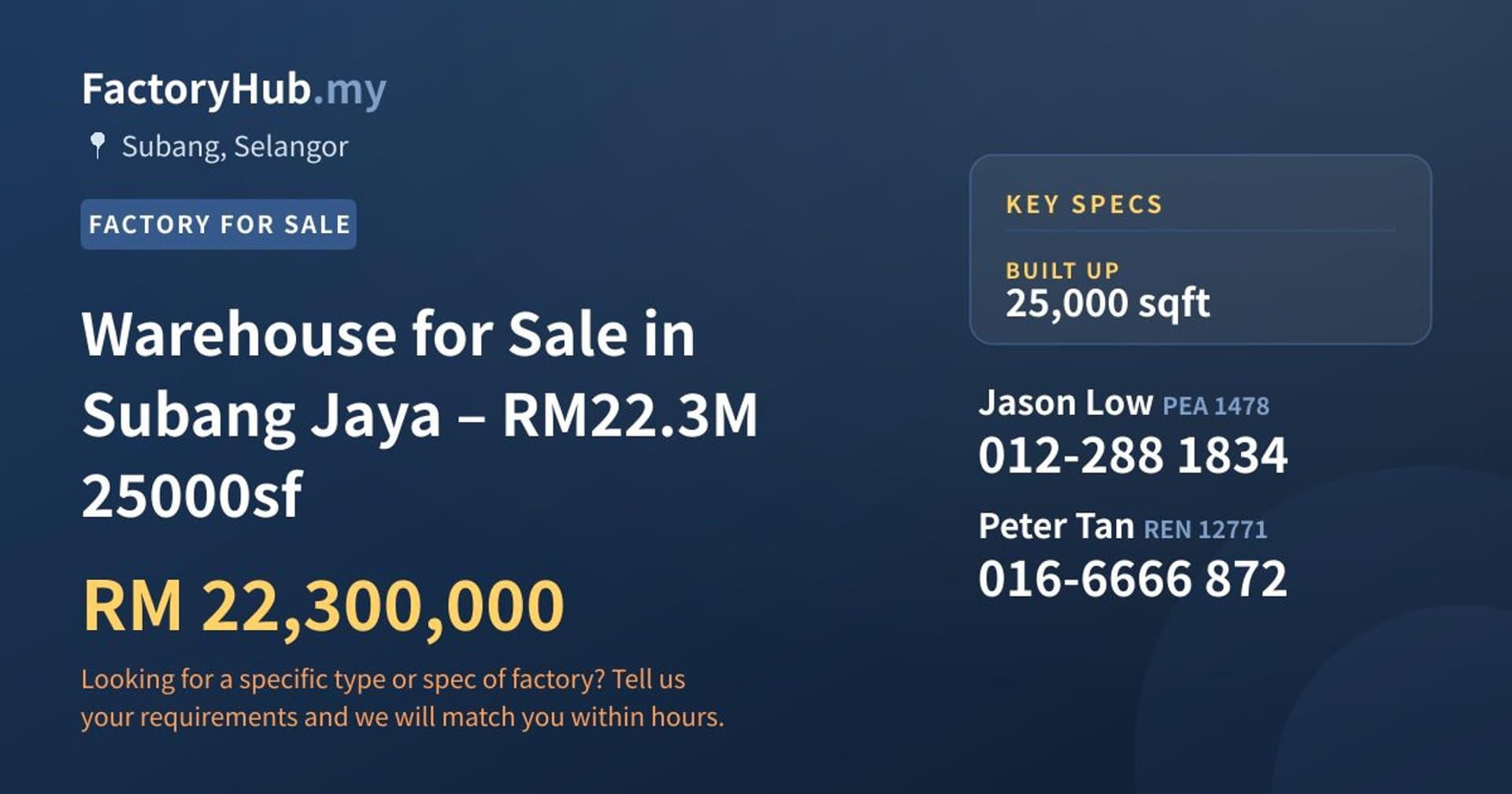 Warehouse for Sale in Subang Jaya – RM22.3M 25000sf - Property image 1 of 7
