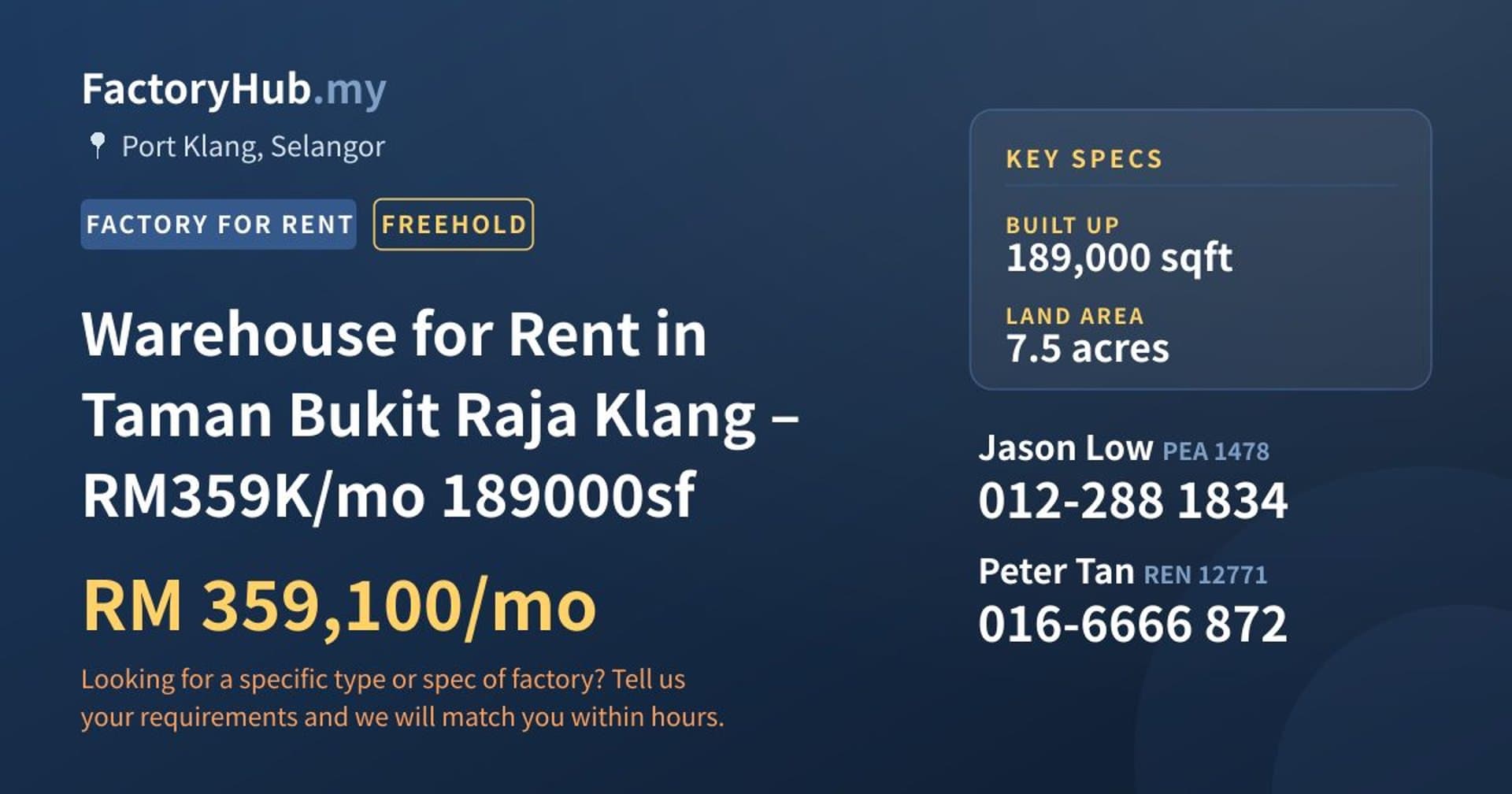 Warehouse for Rent in Taman Bukit Raja Klang – RM359K/mo 189000sf - Property image 1 of 2