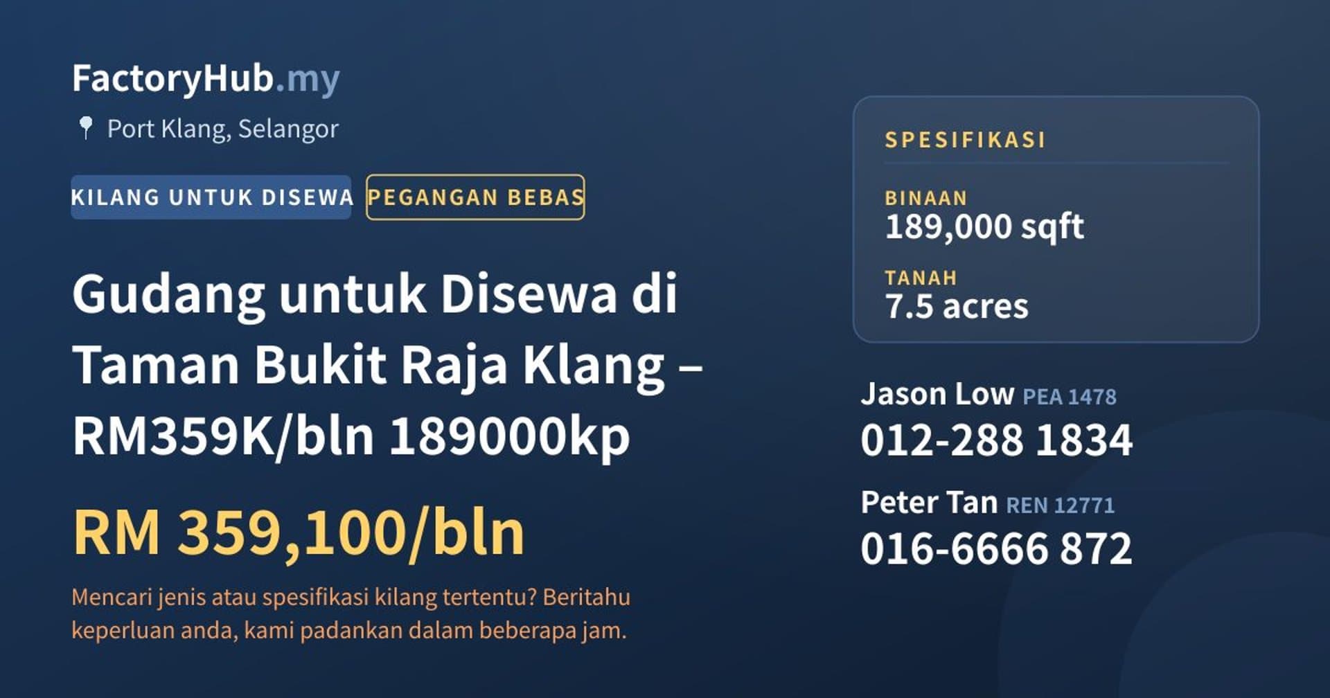 Gudang untuk Disewa di Taman Bukit Raja Klang – RM359K/bln 189000kp · Imej hartanah 1/2