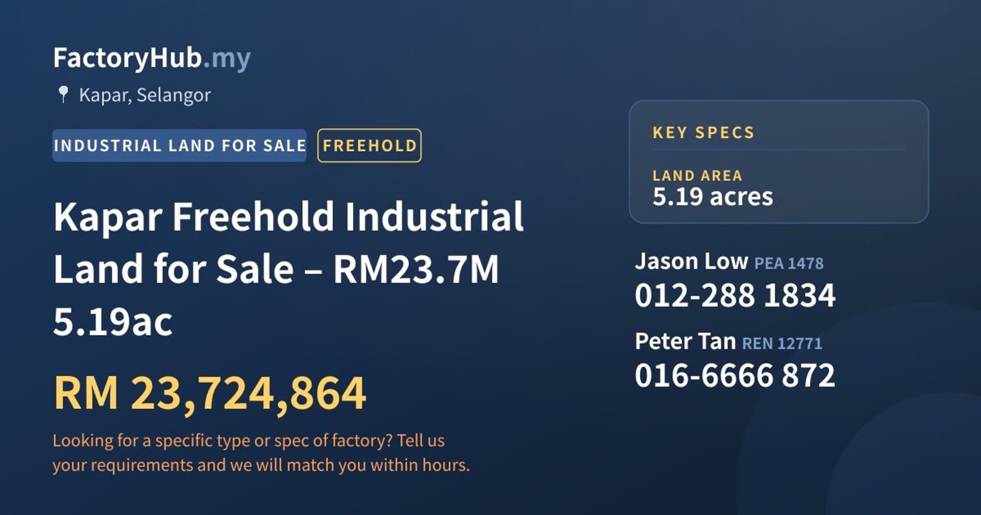 Kapar Freehold Industrial Land for Sale – RM23.7M 5.19ac - Property image 1 of 2