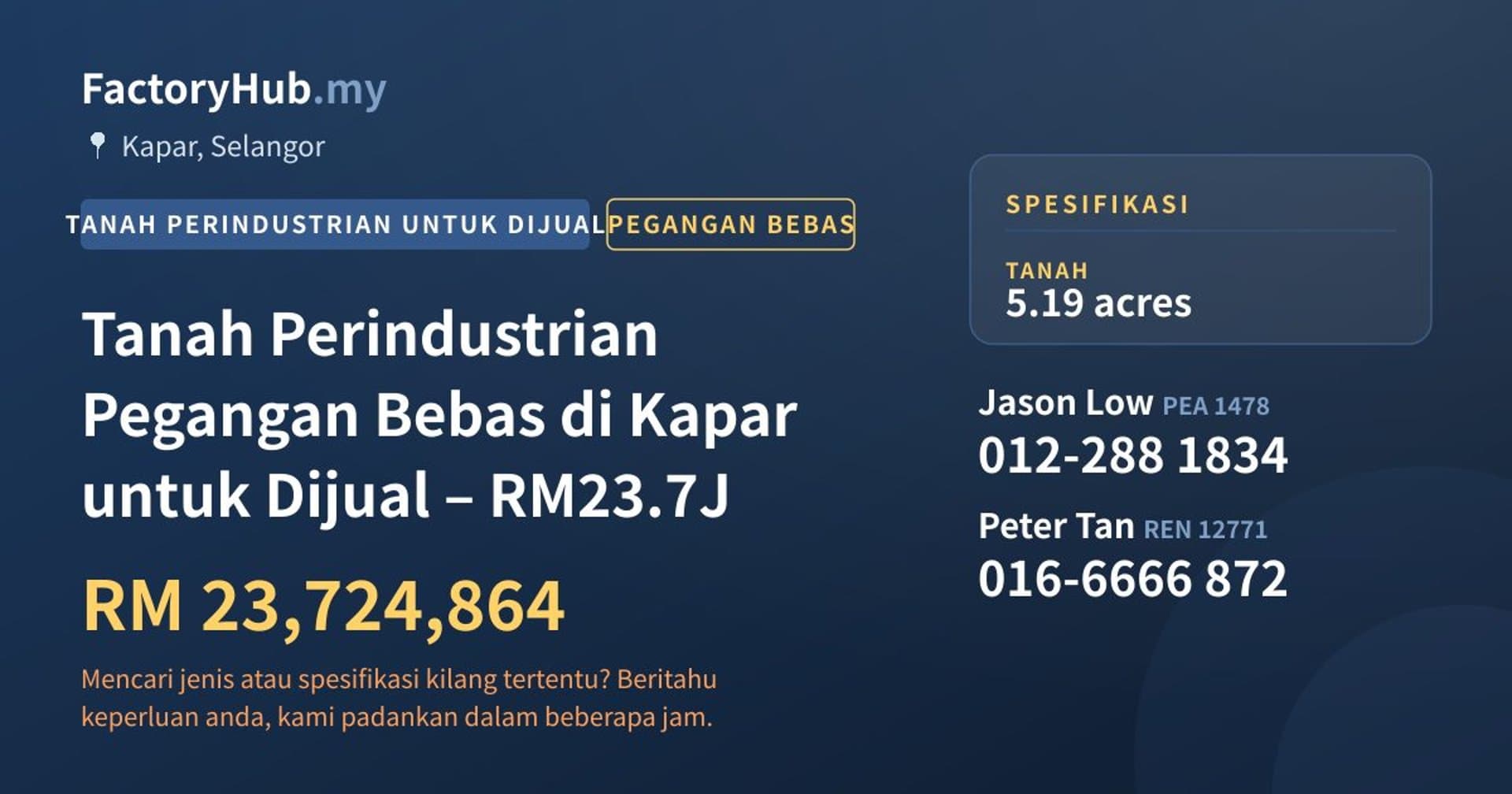 Tanah Perindustrian Pegangan Bebas di Kapar untuk Dijual – RM23.7J · Imej hartanah 1/2
