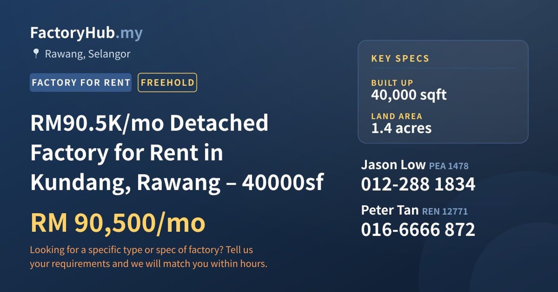 RM90.5K/mo Detached Factory for Rent in Kundang, Rawang – 40000sf - Property image 1 of 2