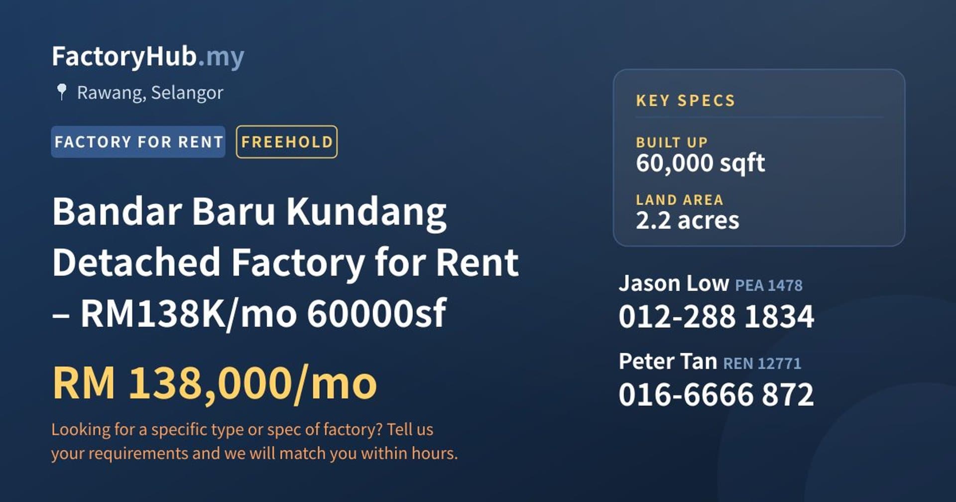 Bandar Baru Kundang Detached Factory for Rent – RM138K/mo 60000sf - Property image 1 of 2