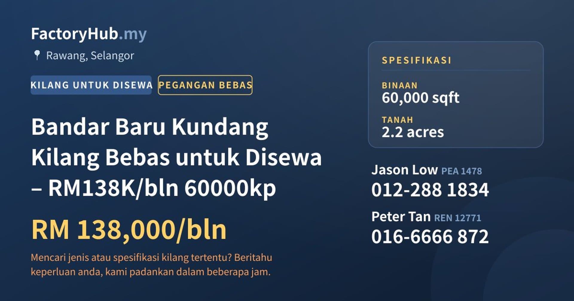 Bandar Baru Kundang Kilang Bebas untuk Disewa – RM138K/bln 60000kp · Imej hartanah 1/2