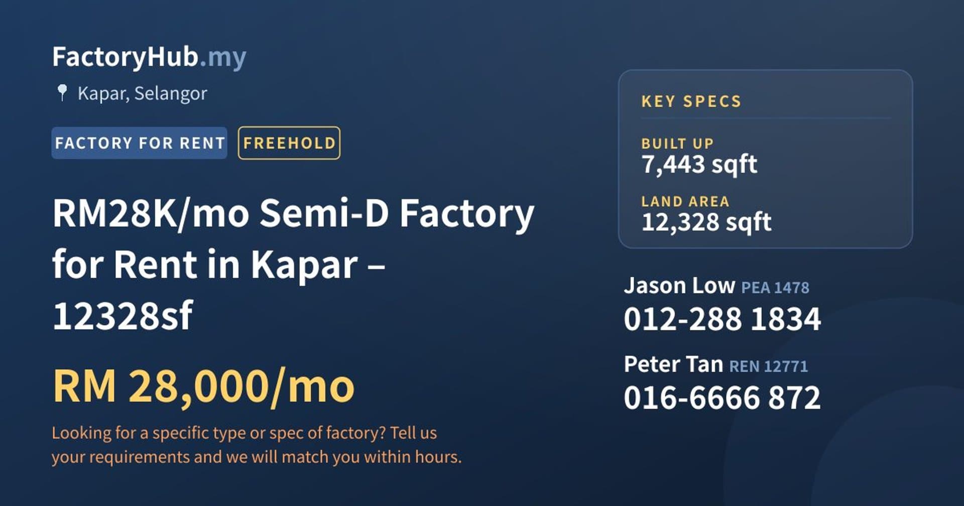 RM28K/mo Semi-D Factory for Rent in Kapar – 12328sf - Property image 1 of 2