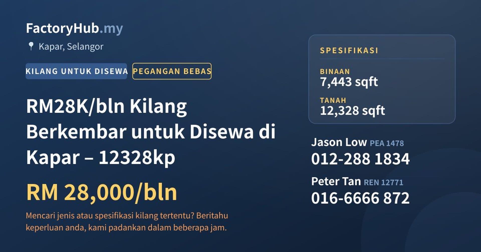 RM28K/bln Kilang Berkembar untuk Disewa di Kapar – 12328kp · Imej hartanah 1/2