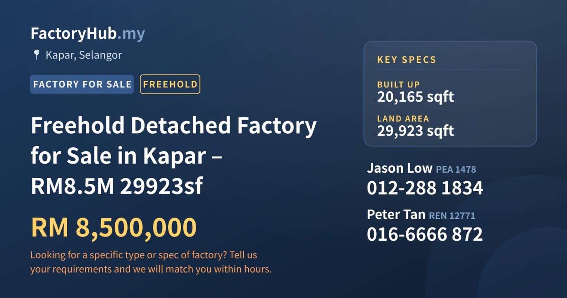 Freehold Detached Factory for Sale in Kapar – RM8.5M 29923sf - Property image 1 of 2