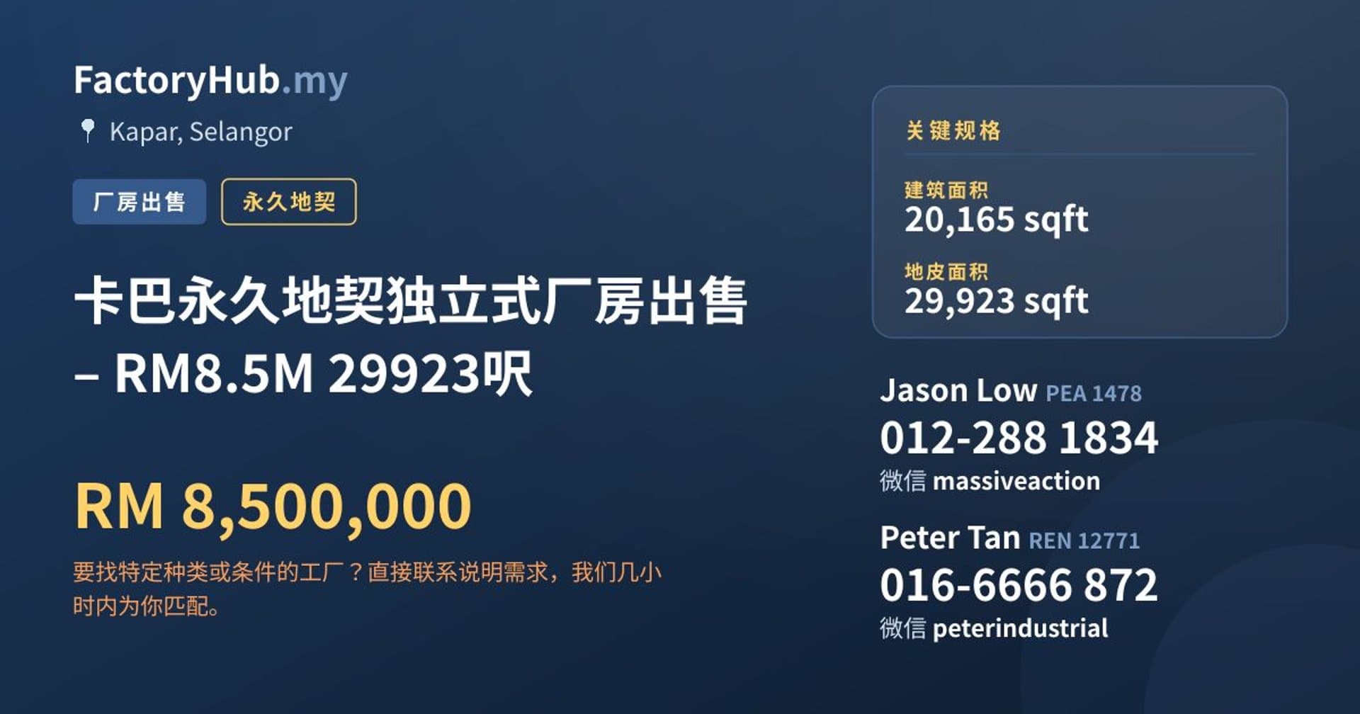 卡巴永久地契独立式厂房出售 – RM8.5M 29923呎 · 房源图片 1/2