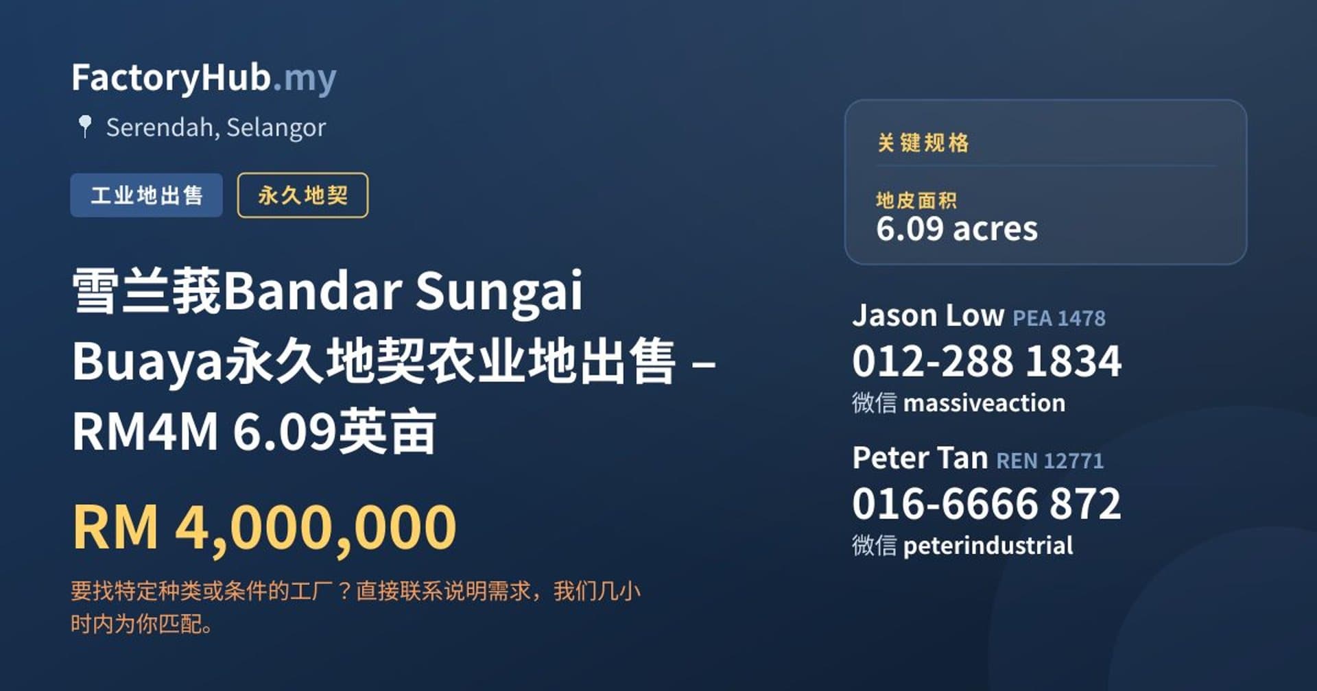 雪兰莪Bandar Sungai Buaya永久地契农业地出售 – RM4M 6.09英亩 · 房源图片 1/2
