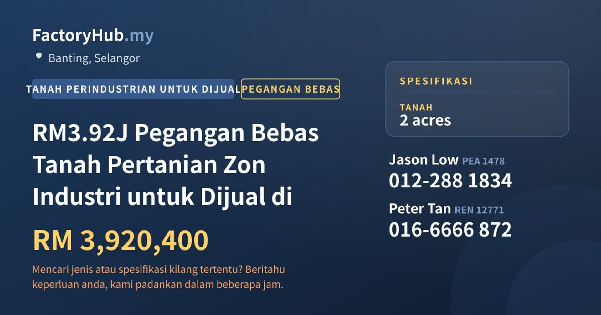 RM3.92J Pegangan Bebas Tanah Pertanian Zon Industri untuk Dijual di · Imej hartanah 1/2