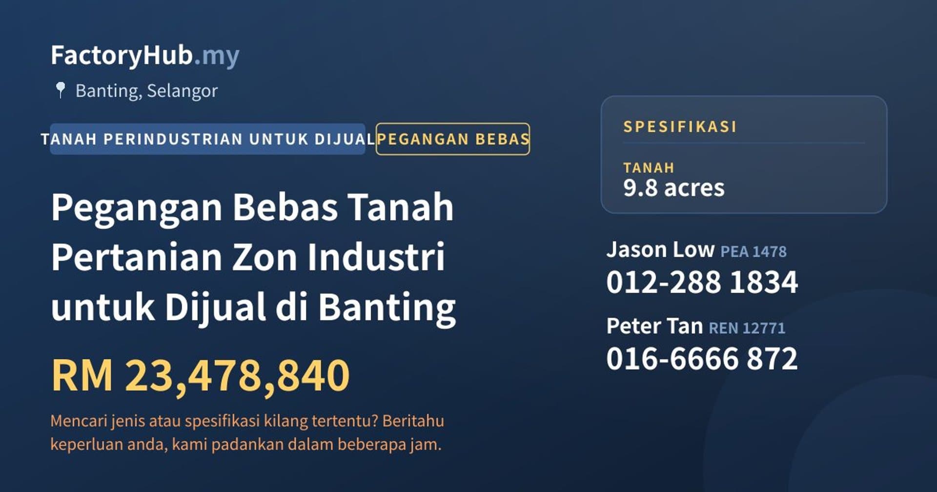 Pegangan Bebas Tanah Pertanian Zon Industri untuk Dijual di Banting · Imej hartanah 1/2