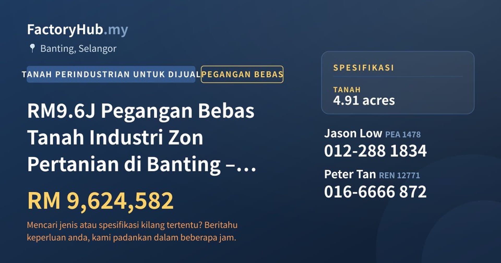 RM9.6J Pegangan Bebas Tanah Industri Zon Pertanian di Banting – 4.9ac · Imej hartanah 1/2