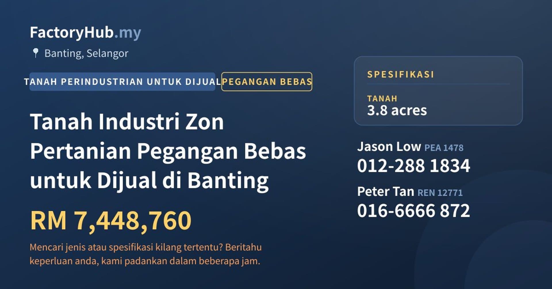 Tanah Industri Zon Pertanian Pegangan Bebas untuk Dijual di Banting · Imej hartanah 1/2