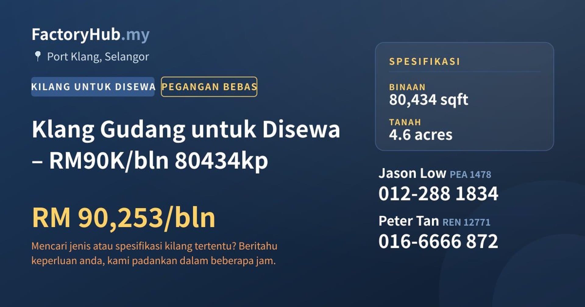 Klang Gudang untuk Disewa – RM90K/bln 80434kp · Imej hartanah 1/2