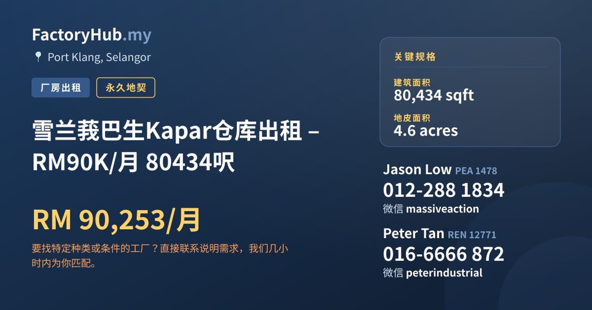雪兰莪巴生Kapar仓库出租 – RM90K/月 80434呎 · 房源图片 1/2