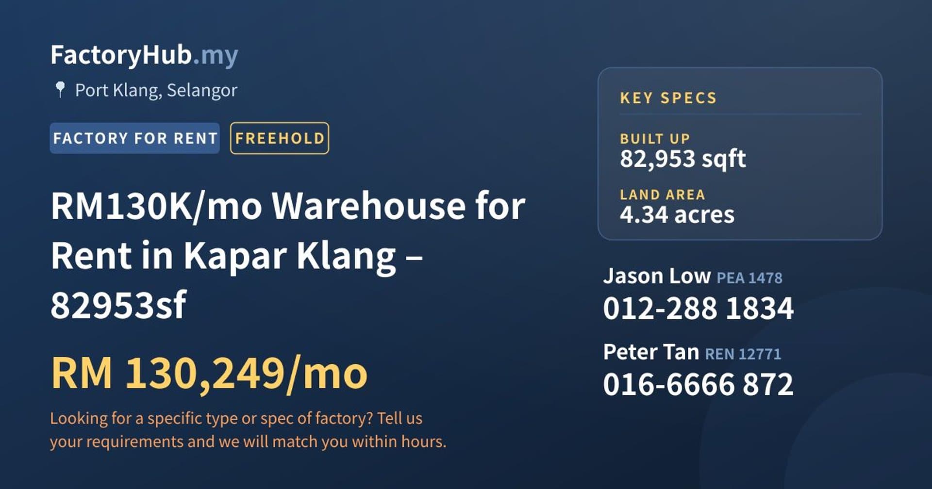 RM130K/mo Warehouse for Rent in Kapar Klang – 82953sf - Property image 1 of 2