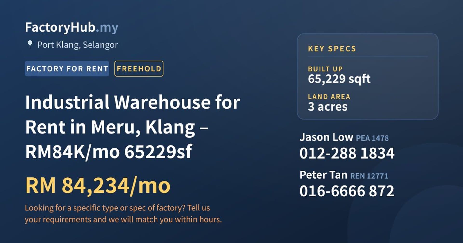 Industrial Warehouse for Rent in Meru, Klang – RM84K/mo 65229sf - Property image 1 of 2