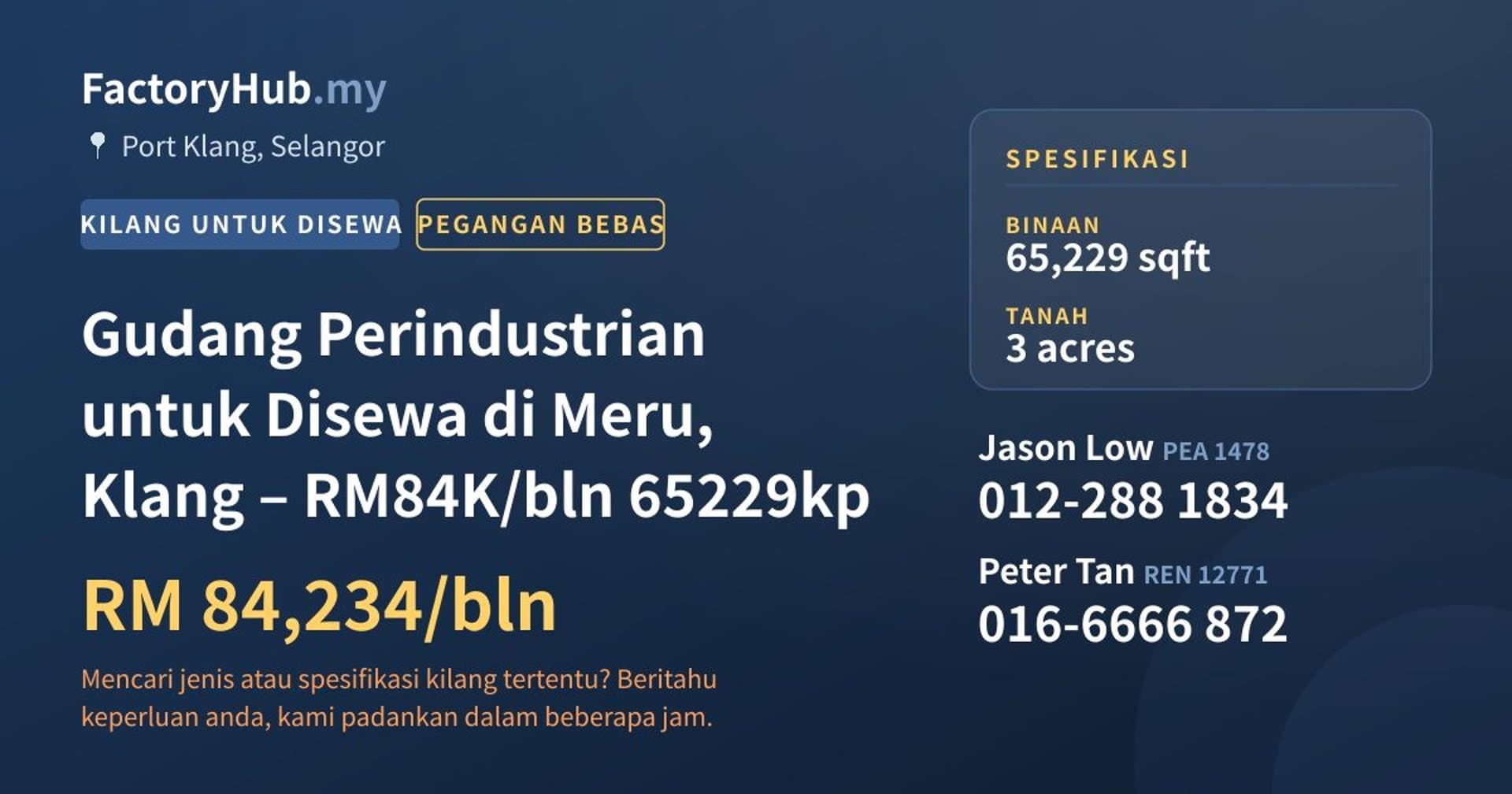 Gudang Perindustrian untuk Disewa di Meru, Klang – RM84K/bln 65229kp · Imej hartanah 1/2