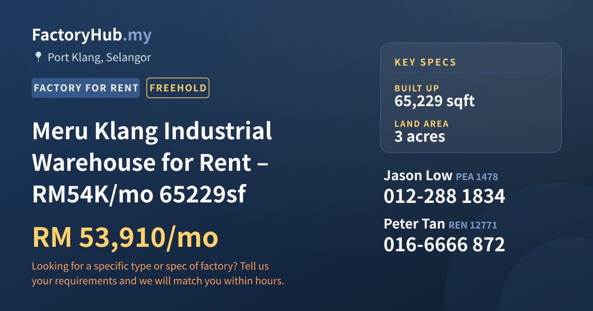 Meru Klang Industrial Warehouse for Rent – RM54K/mo 65229sf - Property image 1 of 2