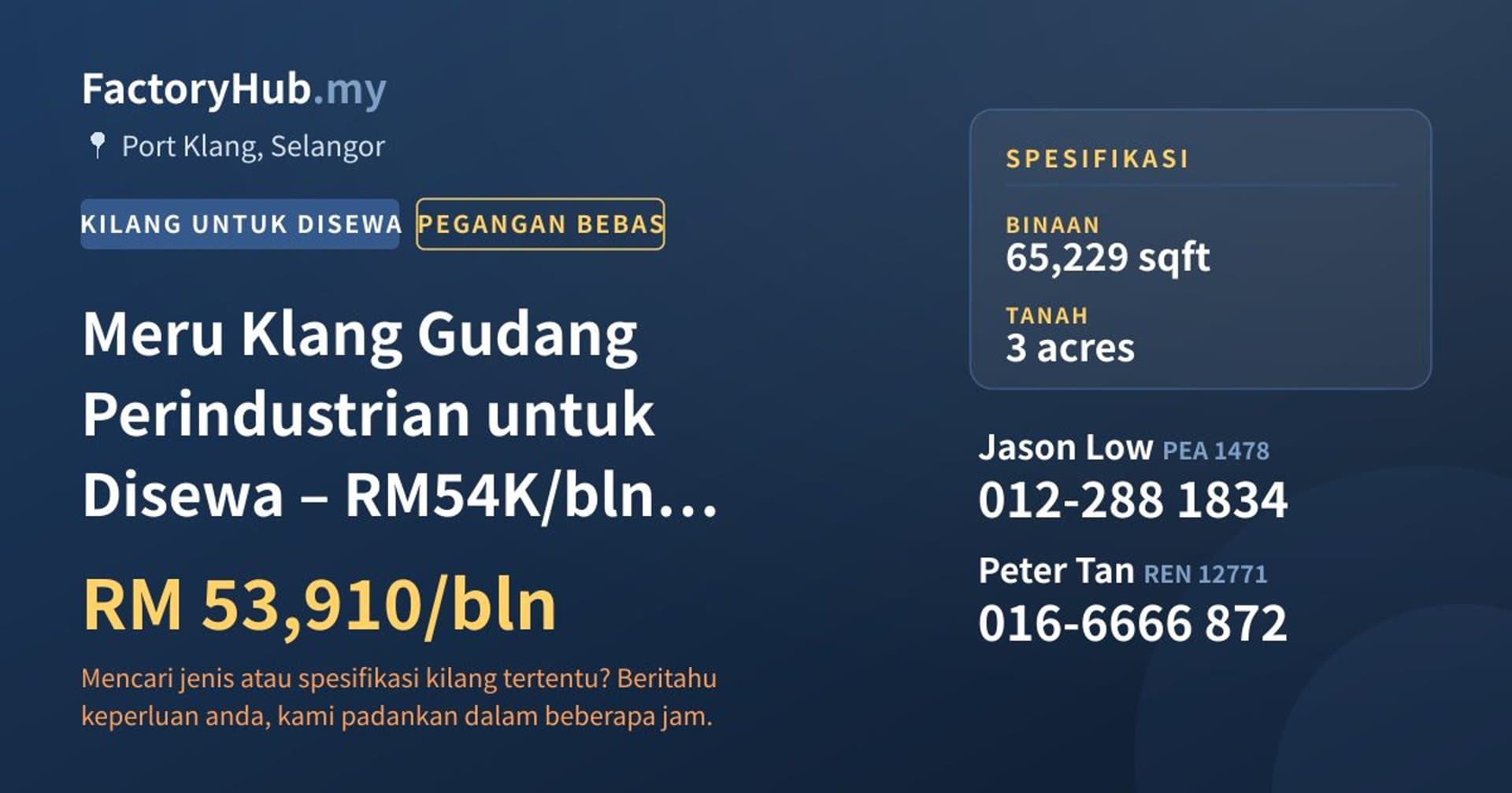 Meru Klang Gudang Perindustrian untuk Disewa – RM54K/bln 65229kp · Imej hartanah 1/2