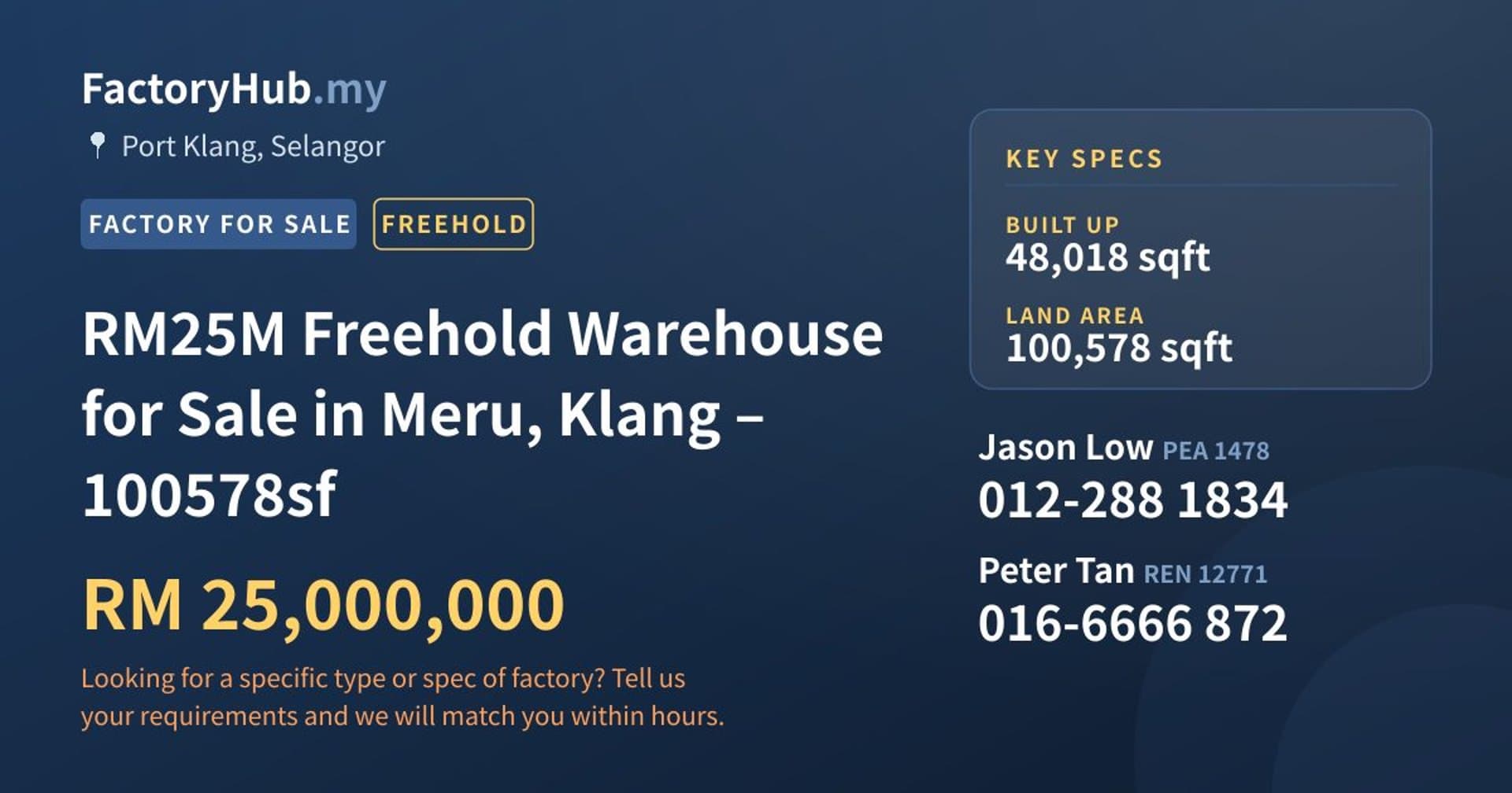 RM25M Freehold Warehouse for Sale in Meru, Klang – 100578sf - Property image 1 of 2