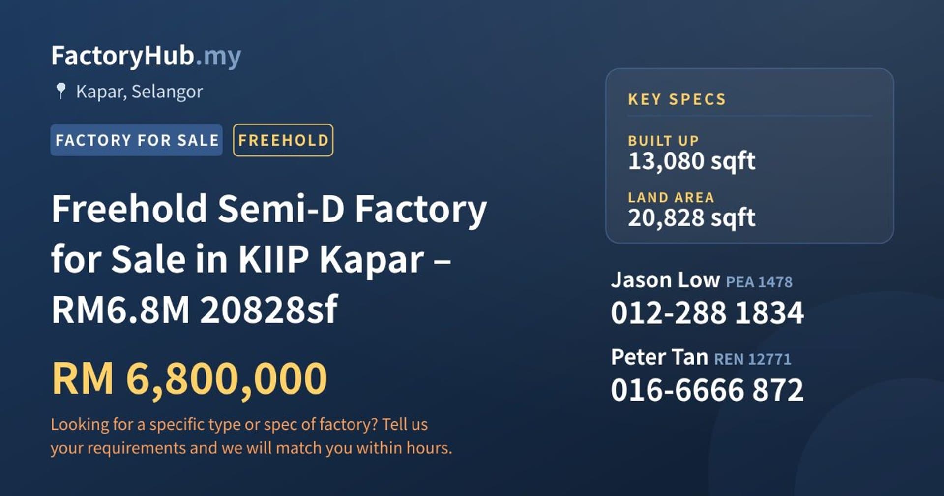 Freehold Semi-D Factory for Sale in KIIP Kapar – RM6.8M 20828sf - Property image 1 of 2