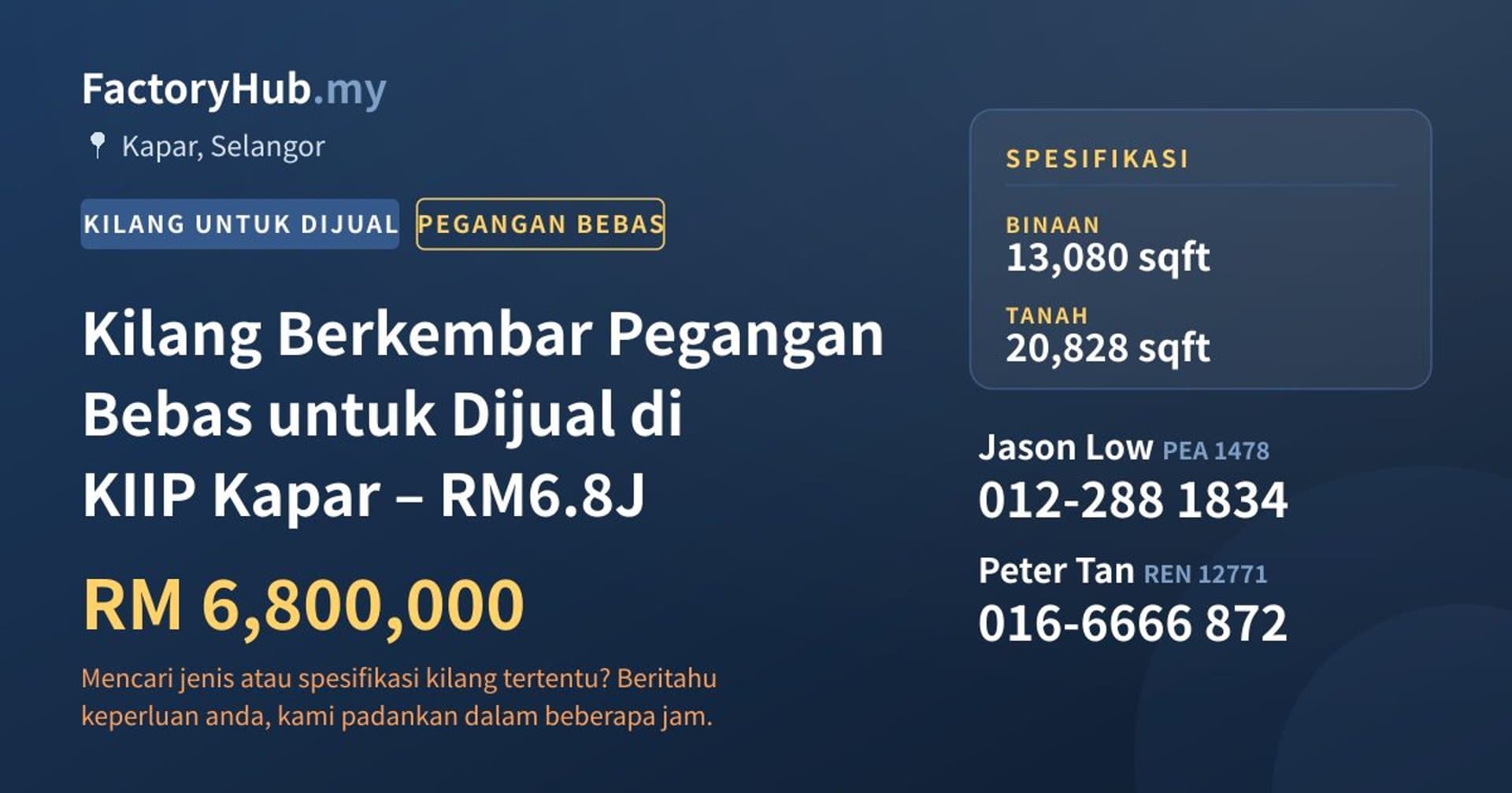 Kilang Berkembar Pegangan Bebas untuk Dijual di KIIP Kapar – RM6.8J · Imej hartanah 1/2