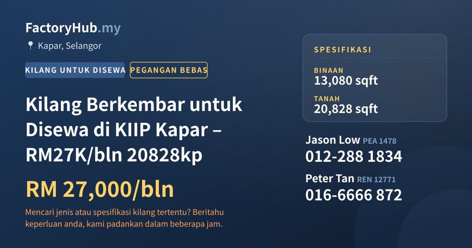 Kilang Berkembar untuk Disewa di KIIP Kapar – RM27K/bln 20828kp · Imej hartanah 1/2