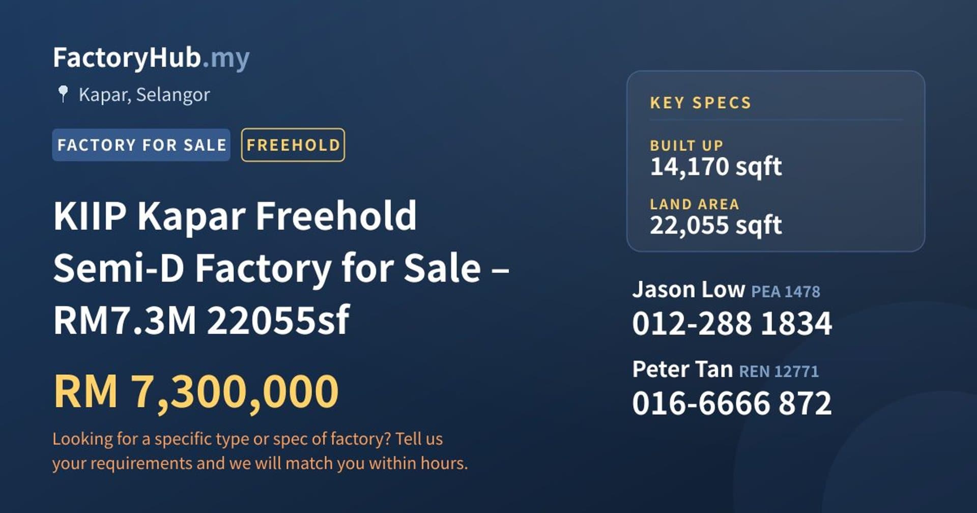 KIIP Kapar Freehold Semi-D Factory for Sale – RM7.3M 22055sf - Property image 1 of 2