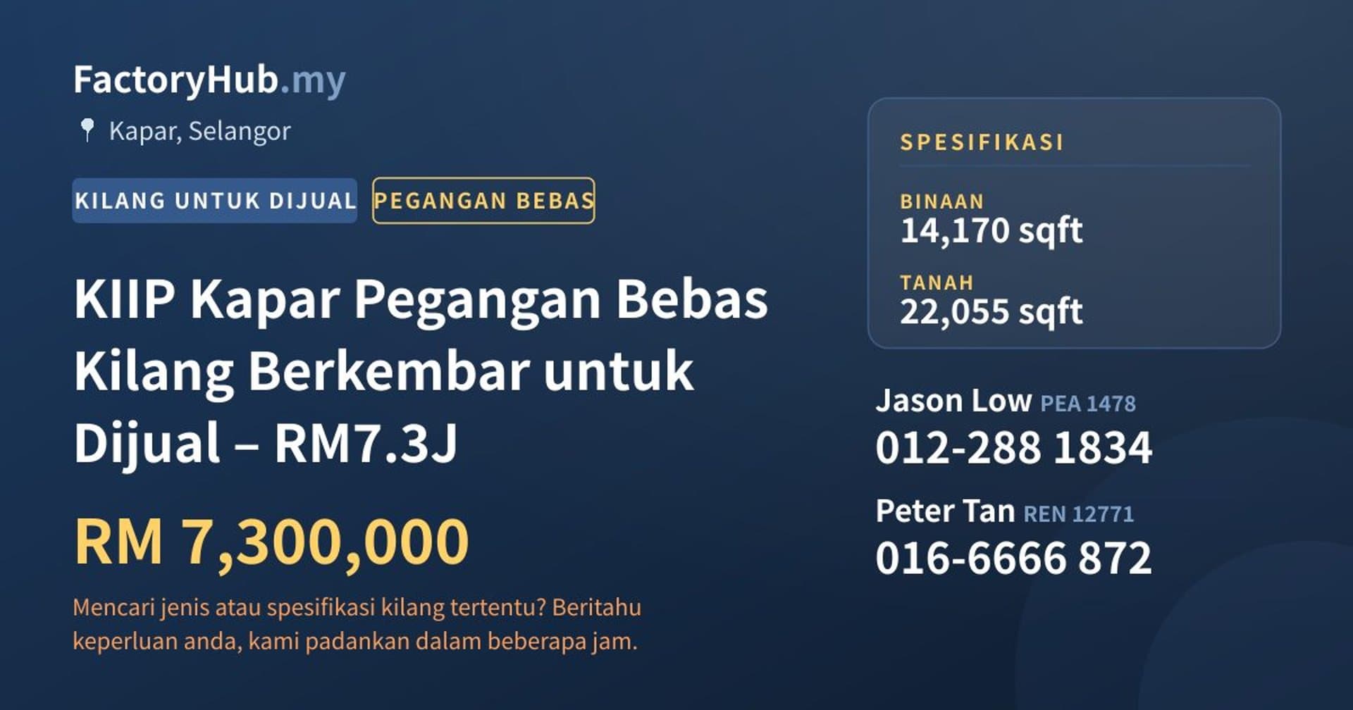 KIIP Kapar Pegangan Bebas Kilang Berkembar untuk Dijual – RM7.3J · Imej hartanah 1/2