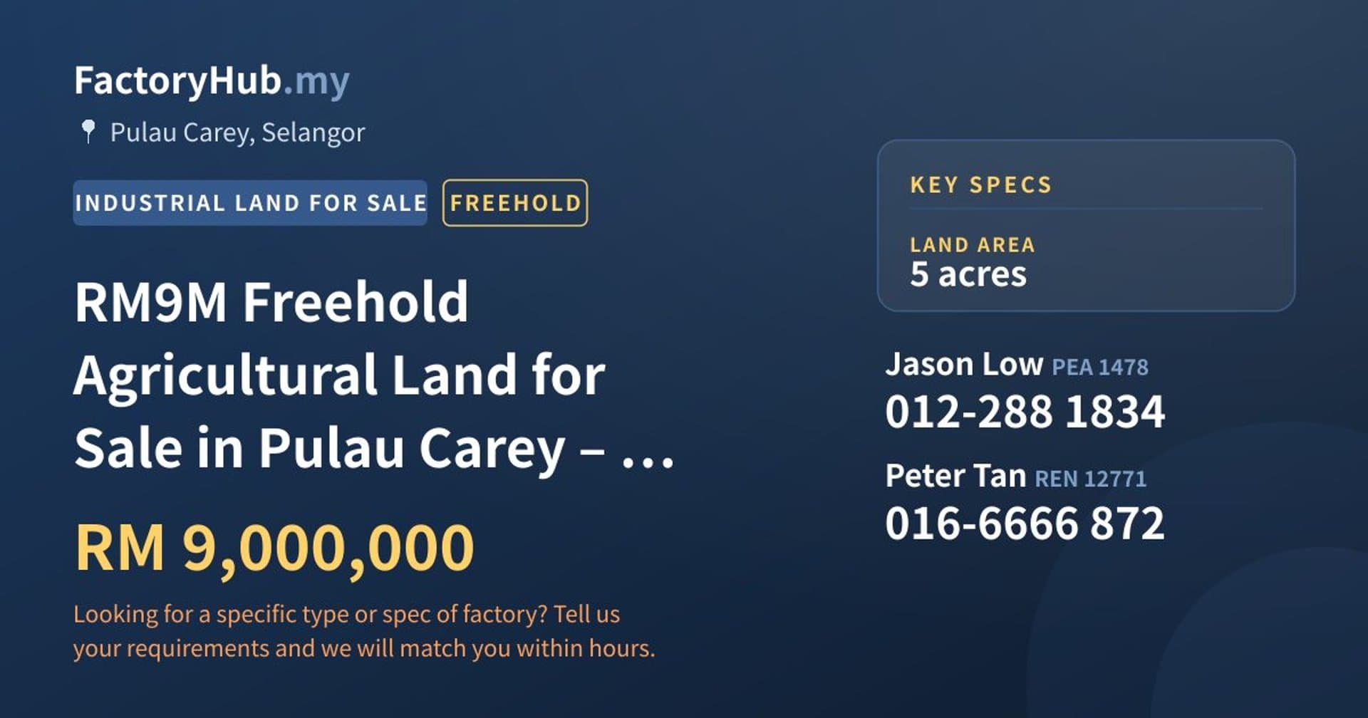 RM9M Freehold Agricultural Land for Sale in Pulau Carey – 5 acres - Property image 1 of 4