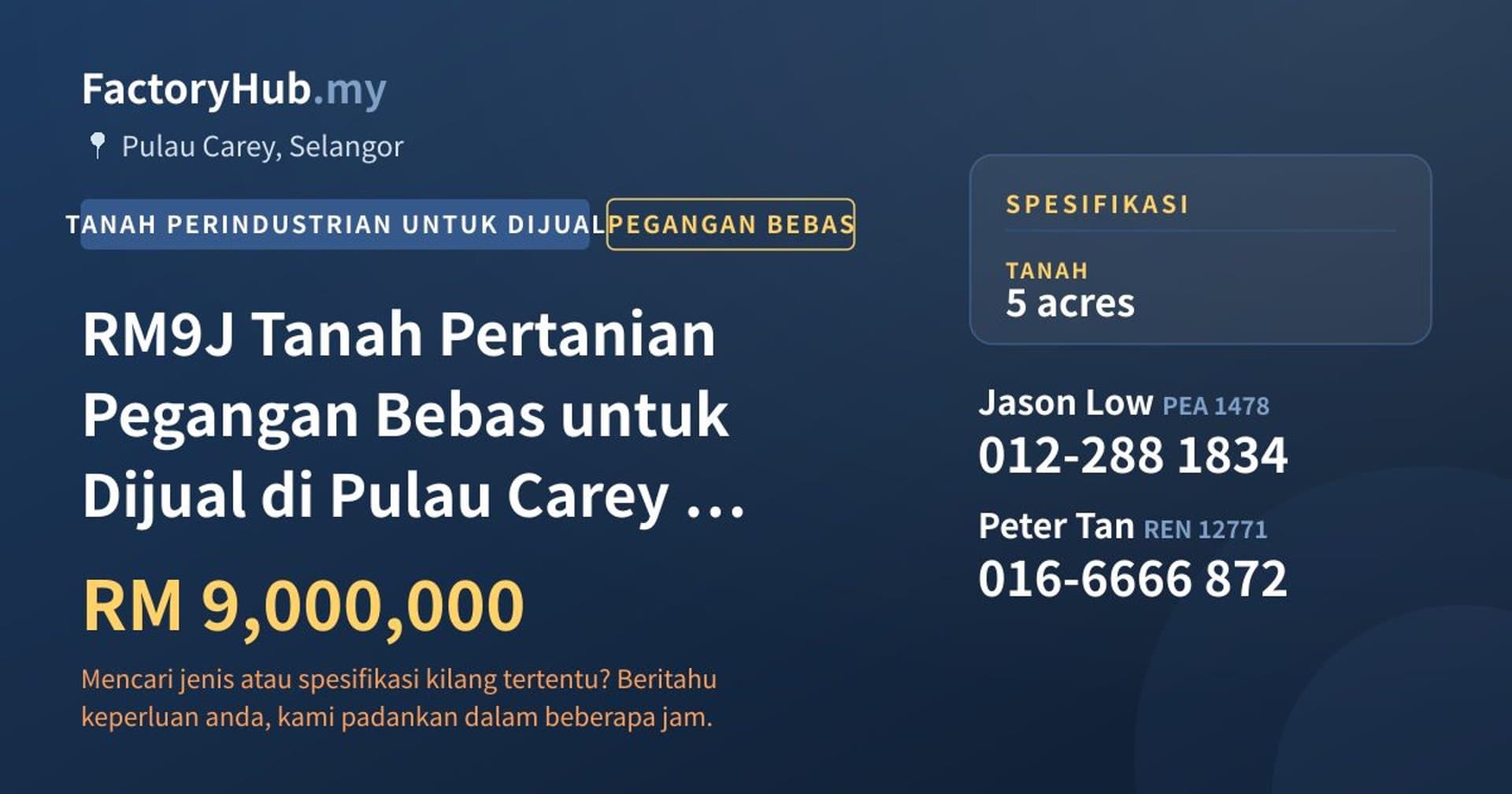 RM9J Tanah Pertanian Pegangan Bebas untuk Dijual di Pulau Carey – 5 ekar · Imej hartanah 1/4