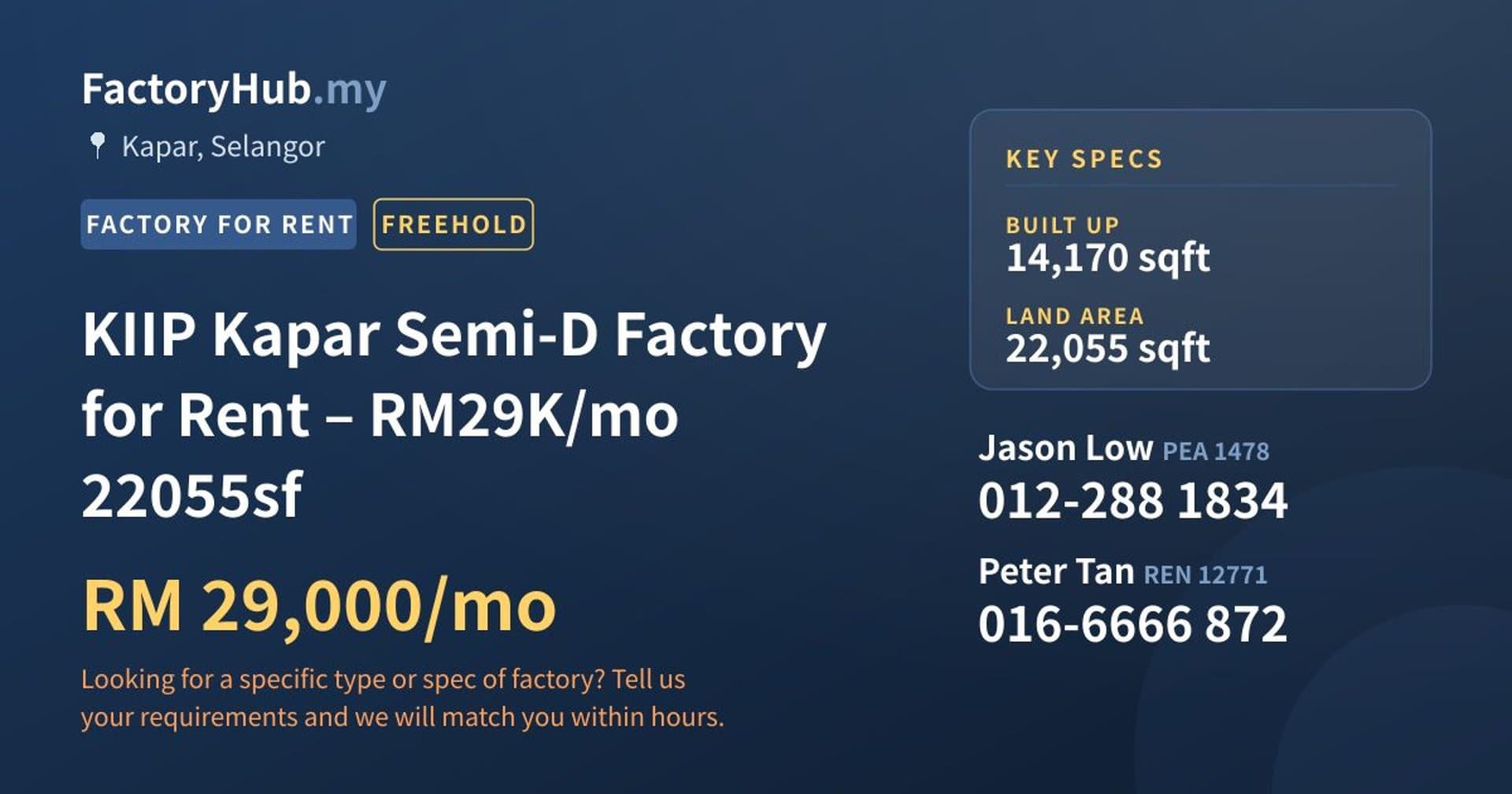 KIIP Kapar Semi-D Factory for Rent – RM29K/mo 22055sf - Property image 1 of 2