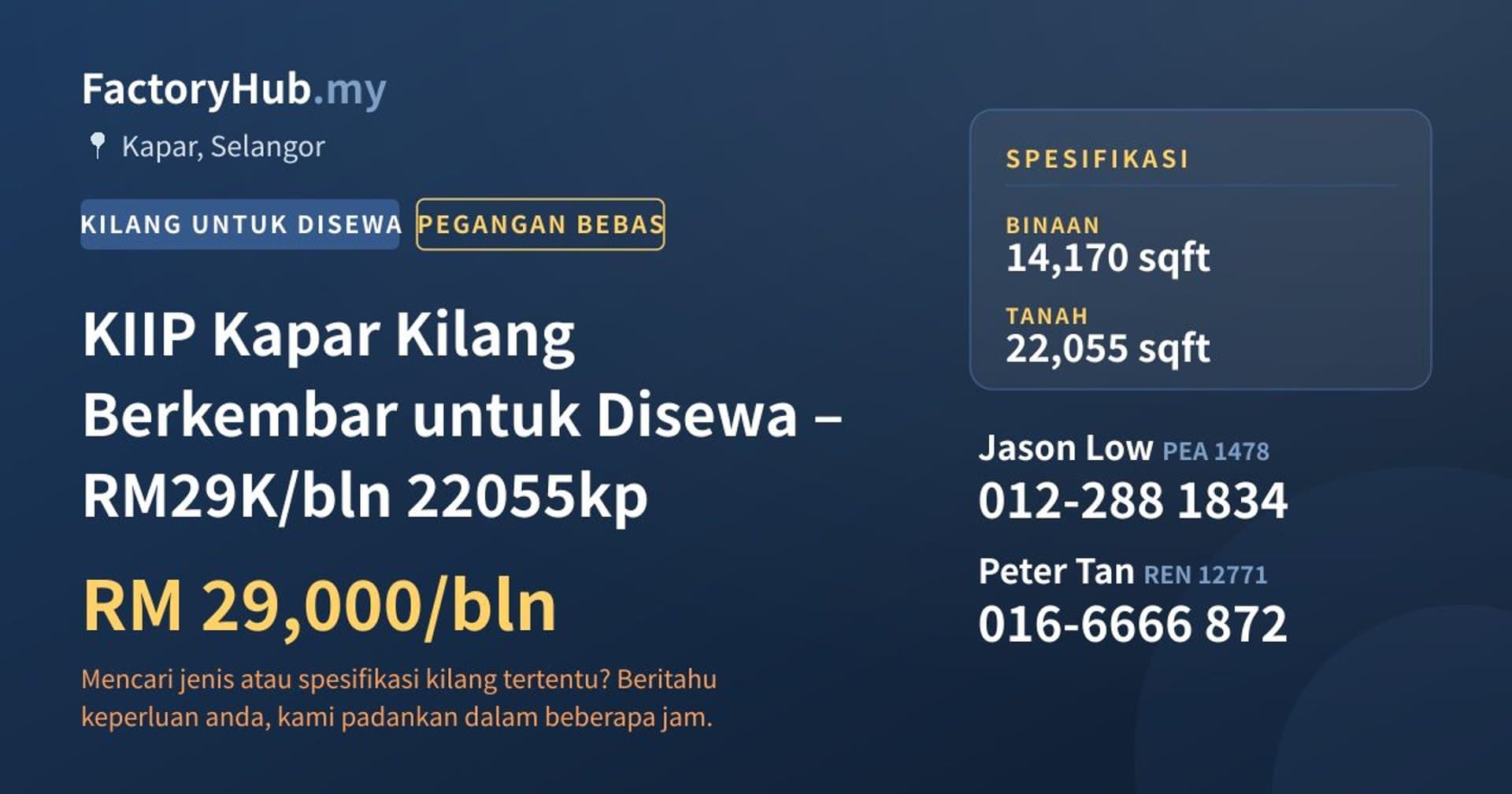 KIIP Kapar Kilang Berkembar untuk Disewa – RM29K/bln 22055kp · Imej hartanah 1/2