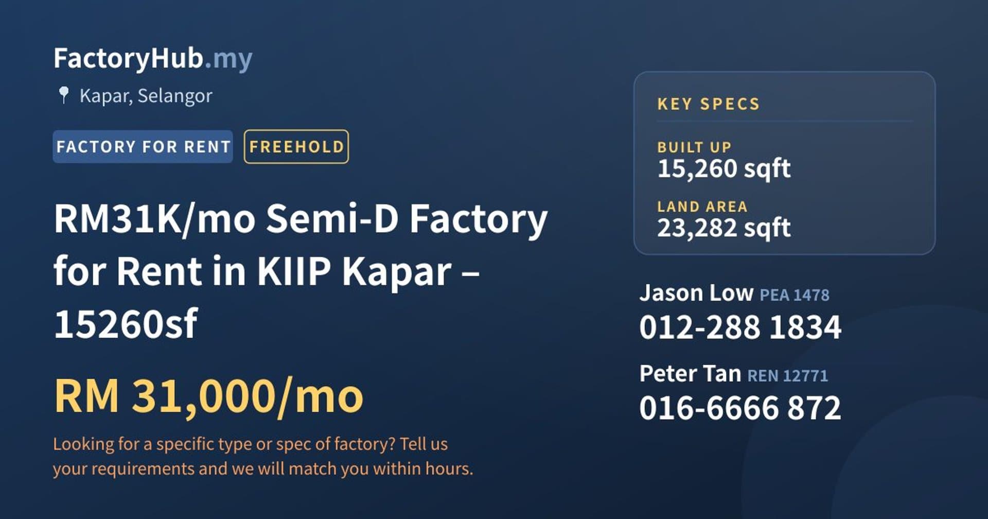 RM31K/mo Semi-D Factory for Rent in KIIP Kapar – 15260sf - Property image 1 of 2