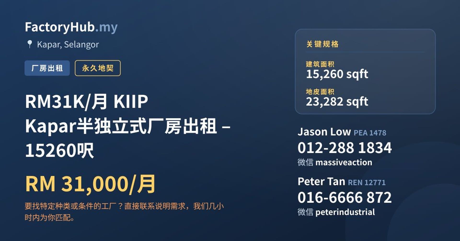 RM31K/月 KIIP Kapar半独立式厂房出租 – 15260呎 · 房源图片 1/2