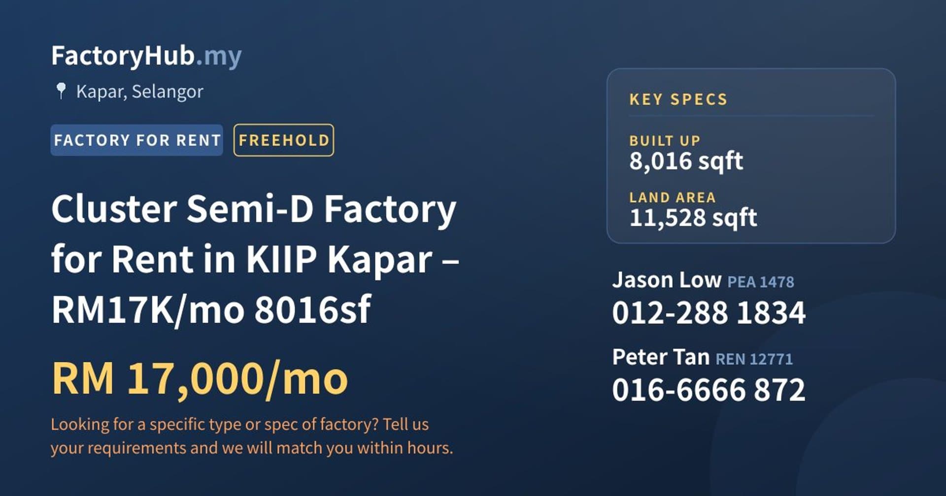 Cluster Semi-D Factory for Rent in KIIP Kapar – RM17K/mo 8016sf - Property image 1 of 2