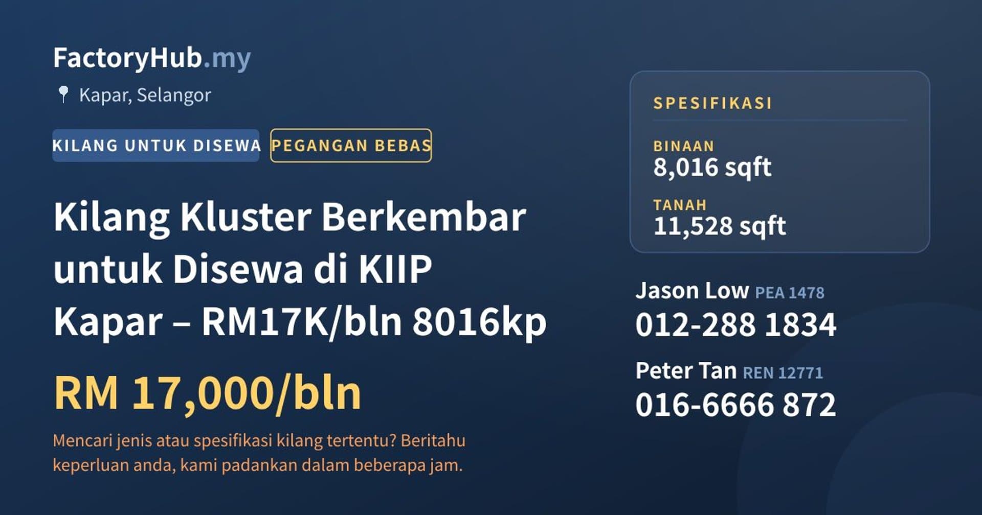 Kilang Kluster Berkembar untuk Disewa di KIIP Kapar – RM17K/bln 8016kp · Imej hartanah 1/2