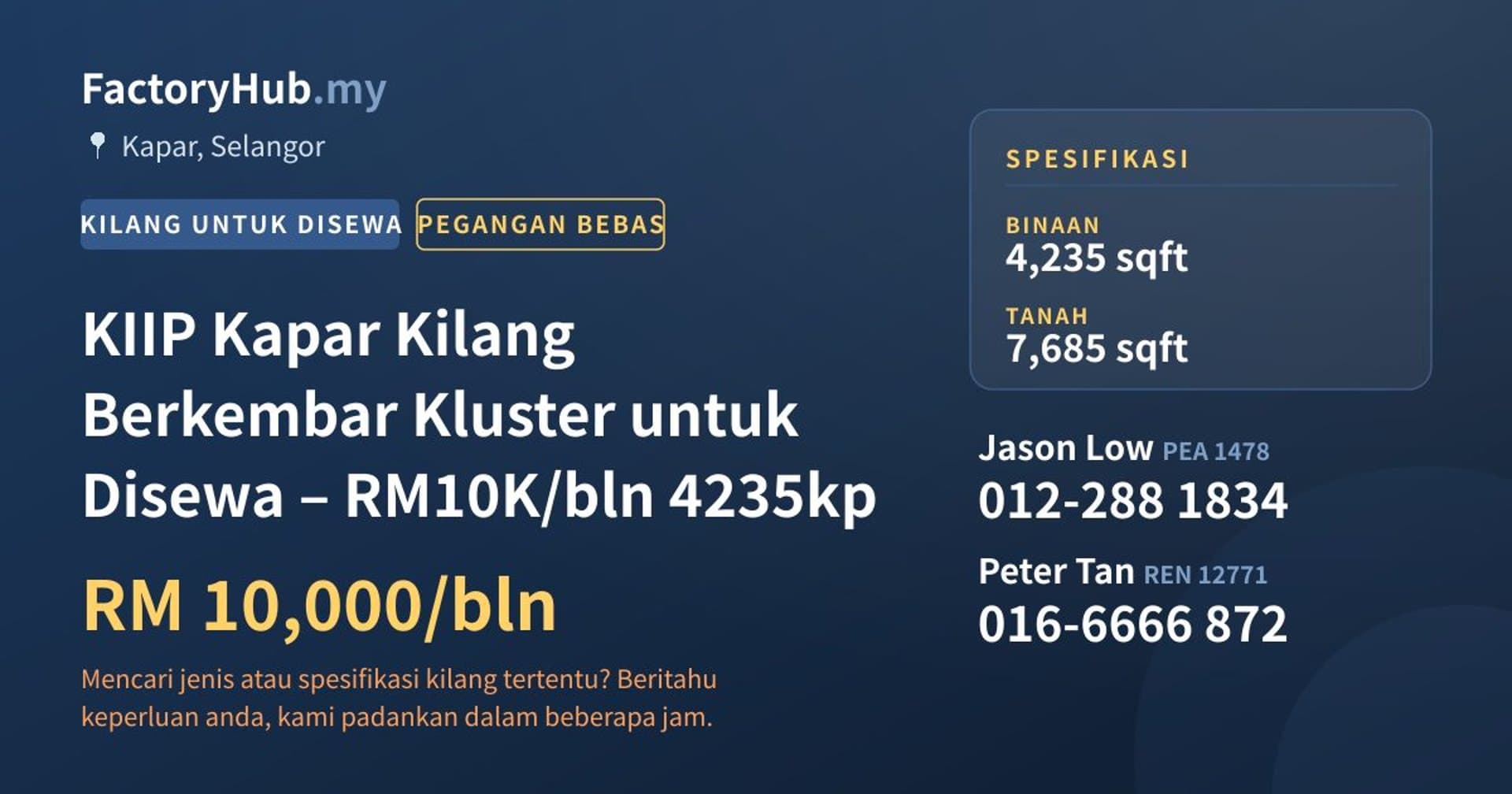 KIIP Kapar Kilang Berkembar Kluster untuk Disewa – RM10K/bln 4235kp · Imej hartanah 1/2