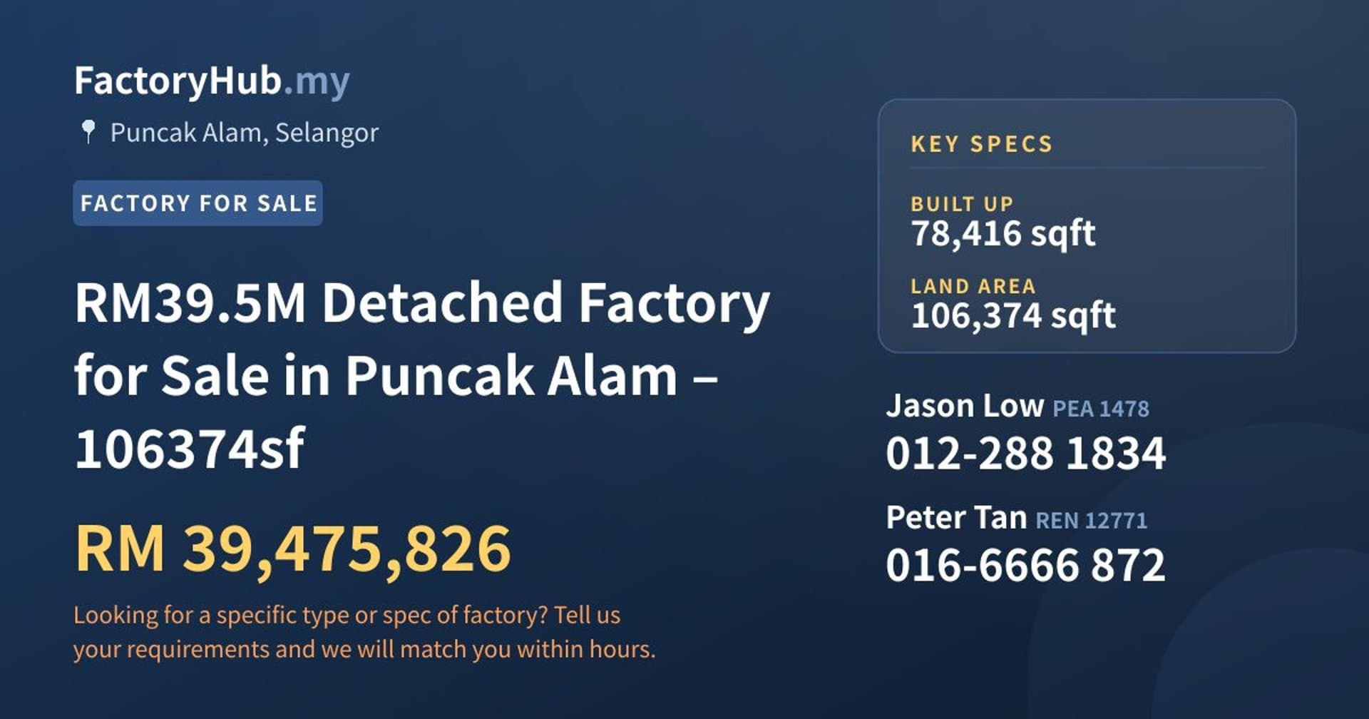 RM39.5M Detached Factory for Sale in Puncak Alam – 106374sf - Property image 1 of 2