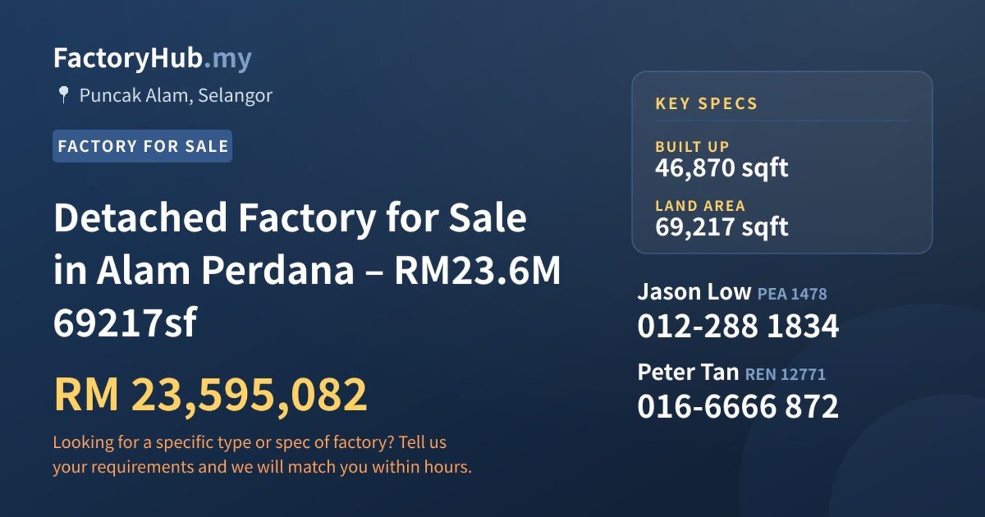 Detached Factory for Sale in Alam Perdana – RM23.6M 69217sf - Property image 1 of 2