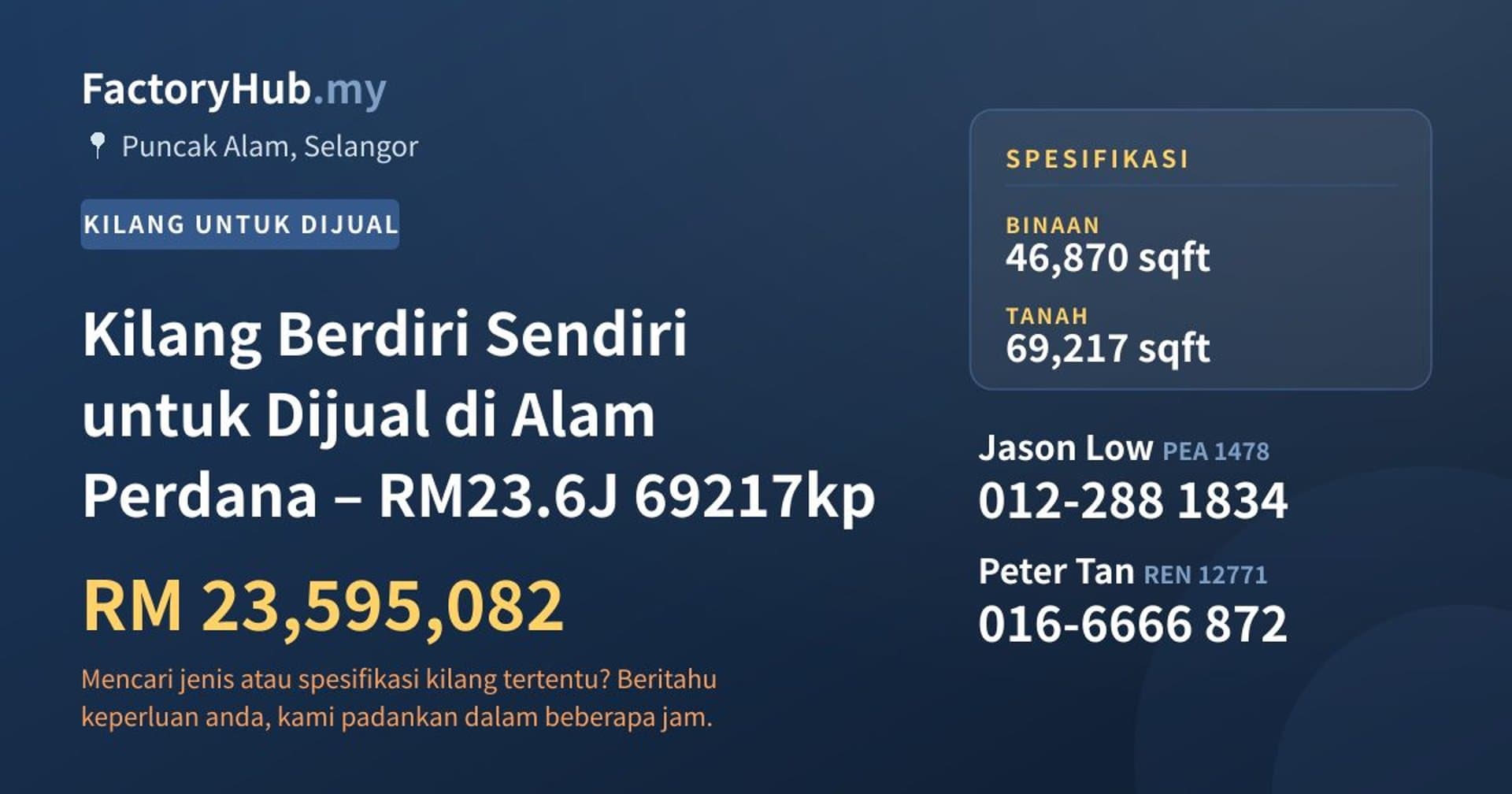 Kilang Berdiri Sendiri untuk Dijual di Alam Perdana – RM23.6J 69217kp · Imej hartanah 1/2
