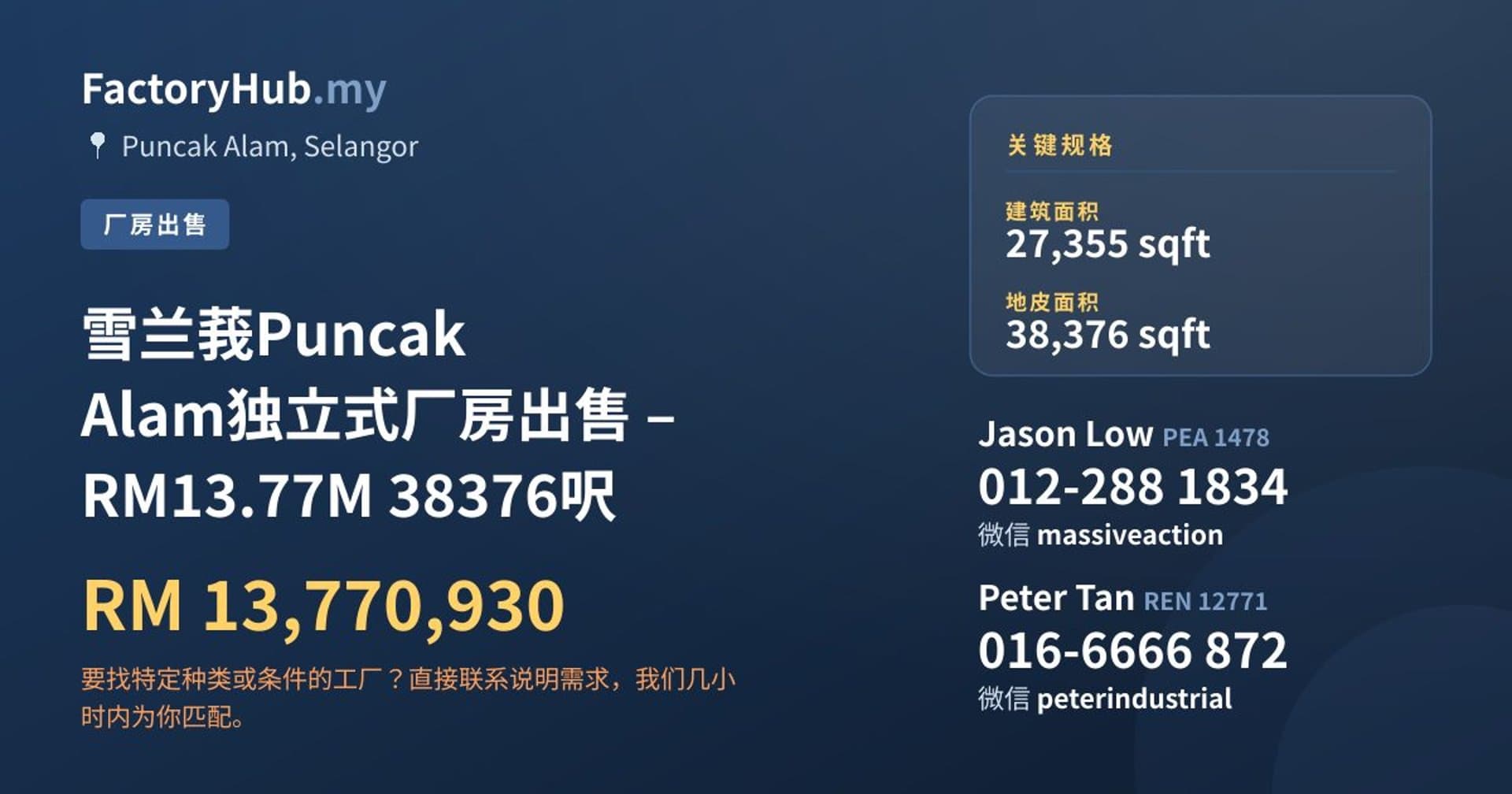 雪兰莪Puncak Alam独立式厂房出售 – RM13.77M 38376呎 · 房源图片 1/2