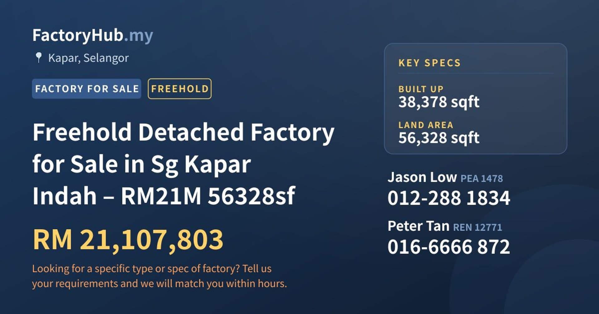 Freehold Detached Factory for Sale in Sg Kapar Indah – RM21M 56328sf - Property image 1 of 2