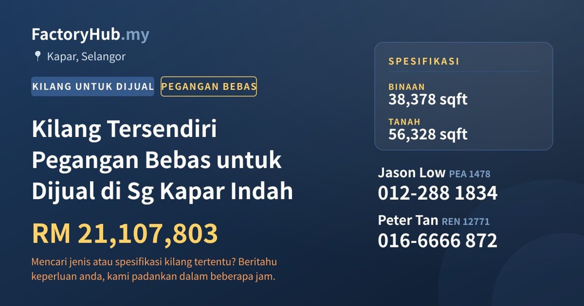 Kilang Tersendiri Pegangan Bebas untuk Dijual di Sg Kapar Indah · Imej hartanah 1/2