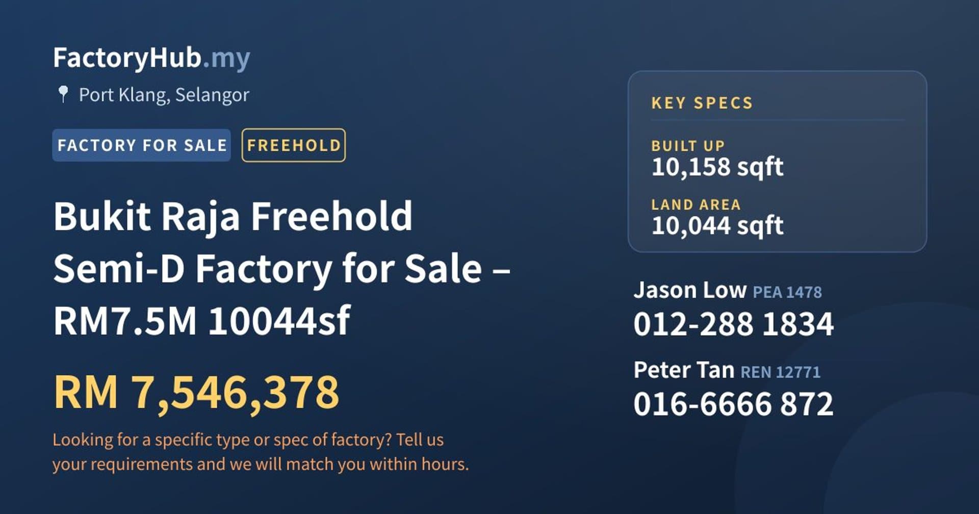 Bukit Raja Freehold Semi-D Factory for Sale – RM7.5M 10044sf - Property image 1 of 2